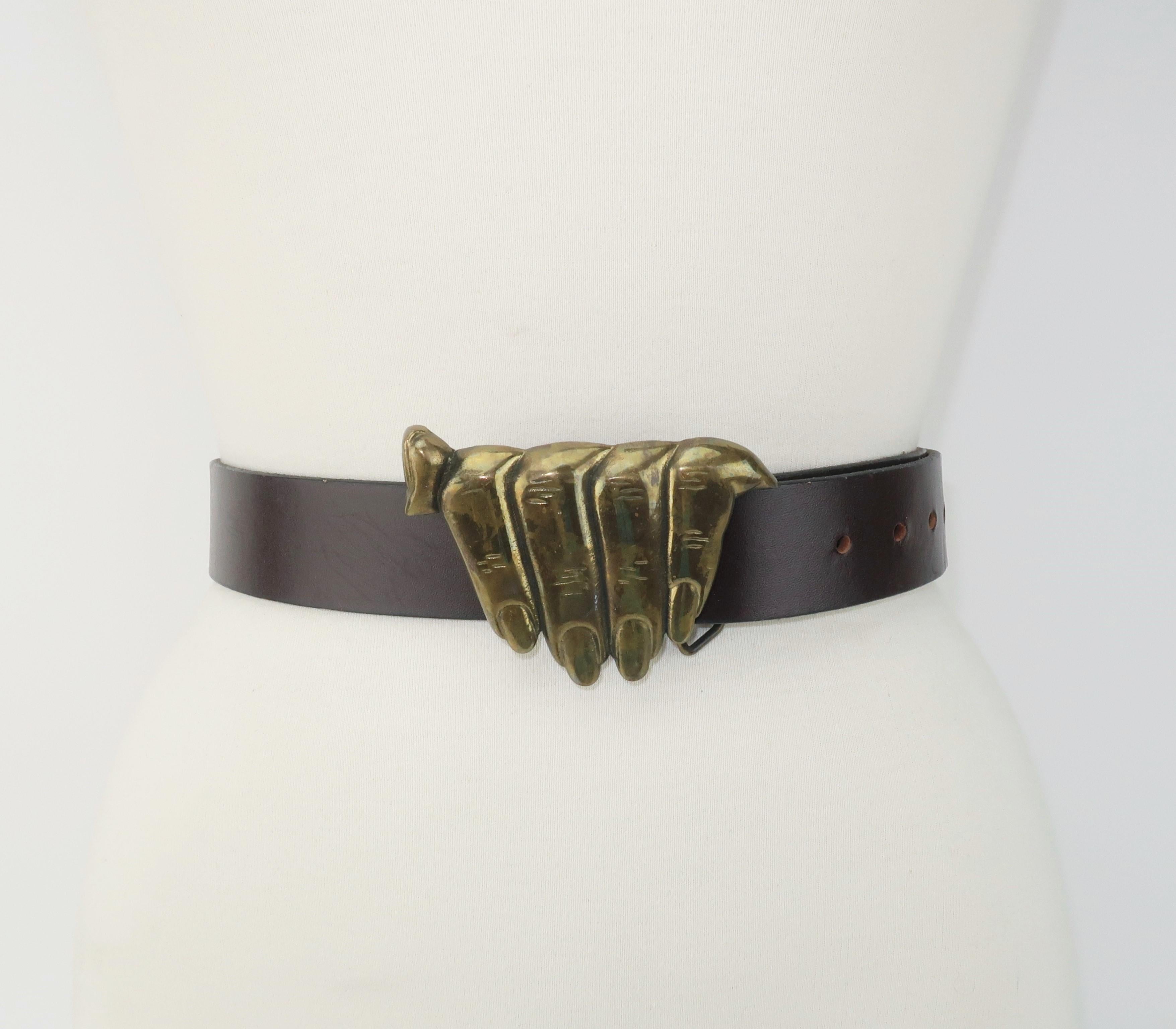 Brass Hand Buckle With Brown Leather Belt, 1970's 2