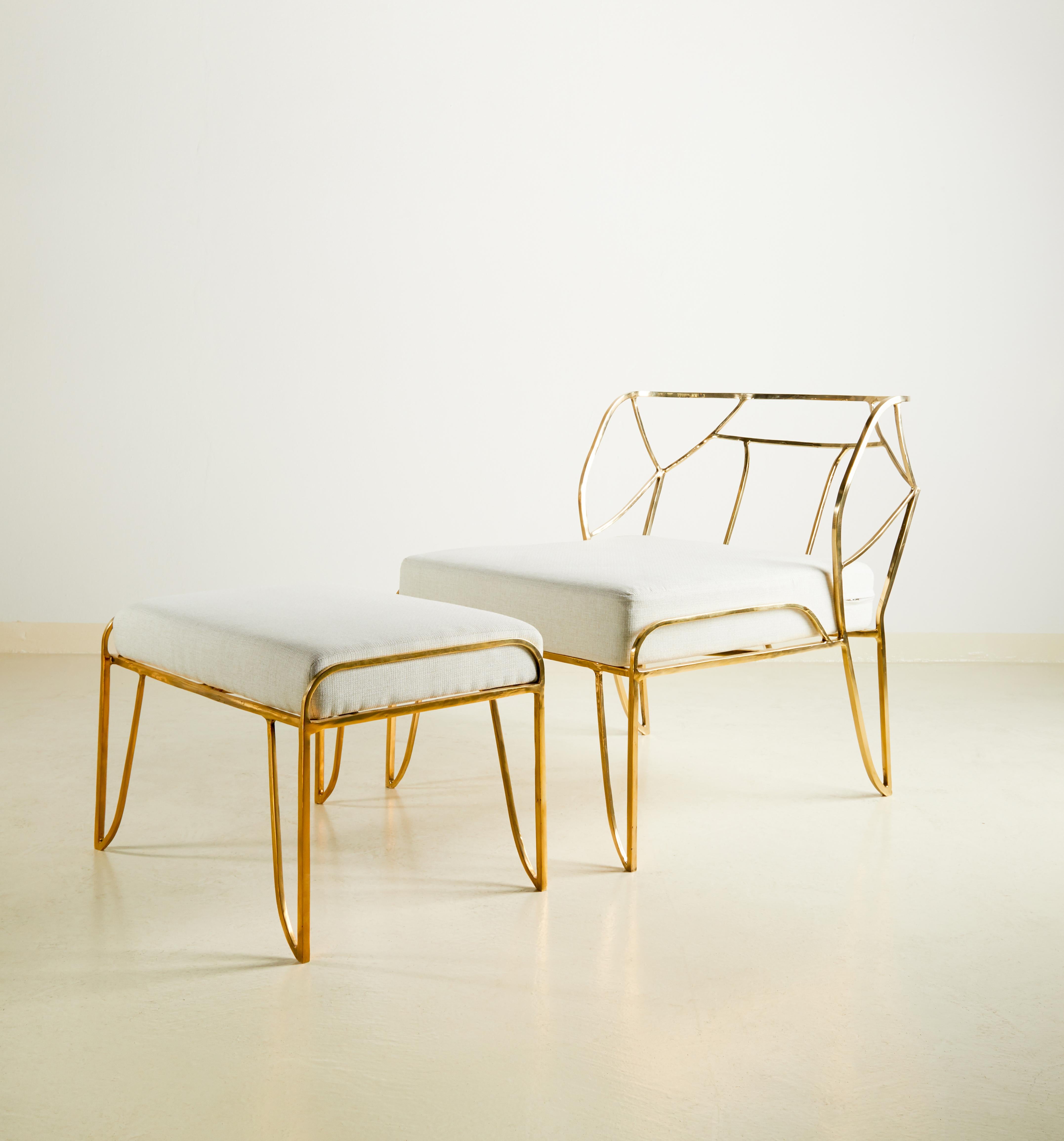 Post-Modern Brass Hand-Sculpted Armchair and Stool, Lena, Misaya For Sale