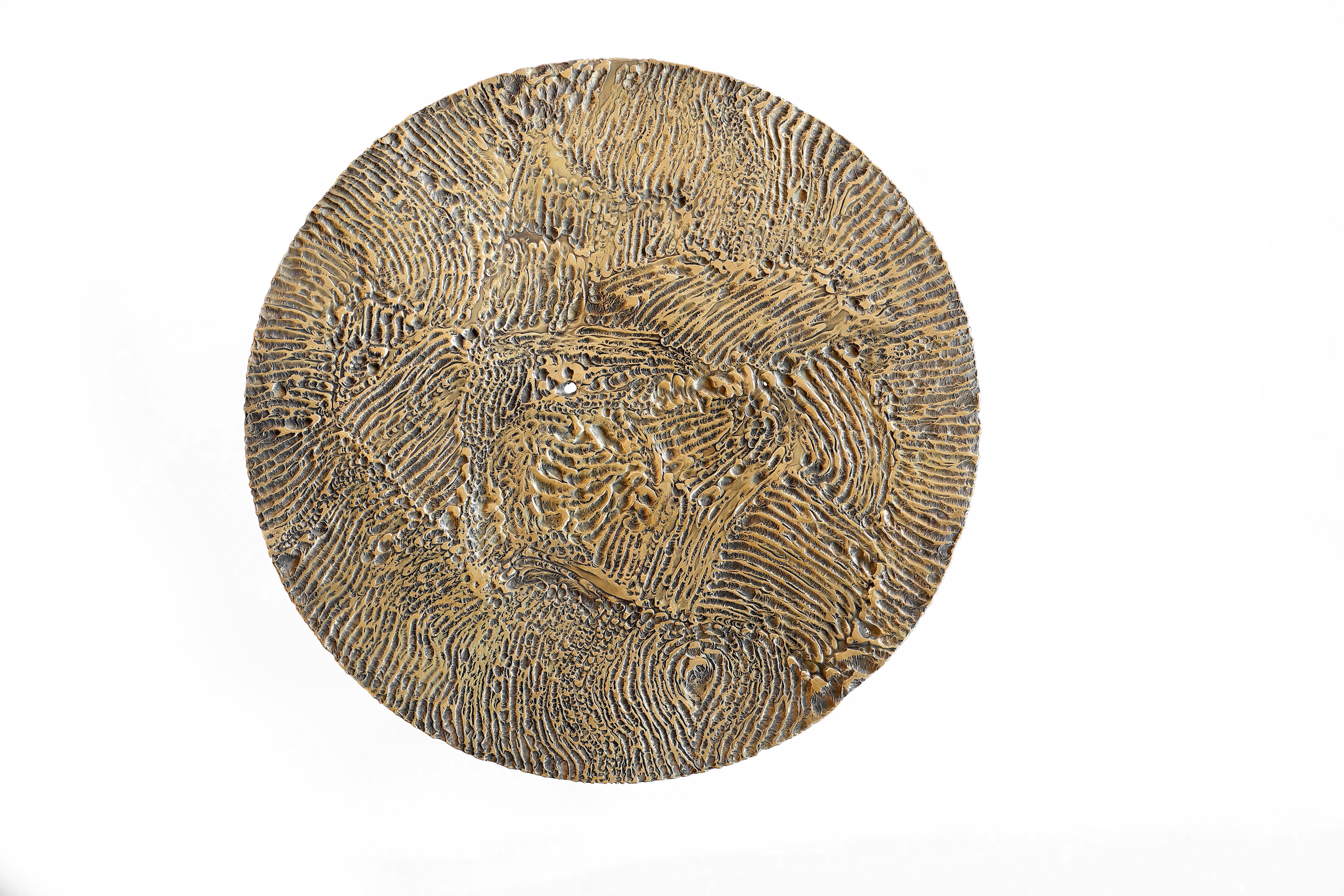 Brass hand-sculpted side table by Samuel Costantini
Entirely handmade by the artist
Title: Golden Waves
Edition 15 + 2 AP
Measures: Diameter 500m, height 550 mm.
Diameter 19.685, height 21.653 inches

Time leaves its mark on everything. Its