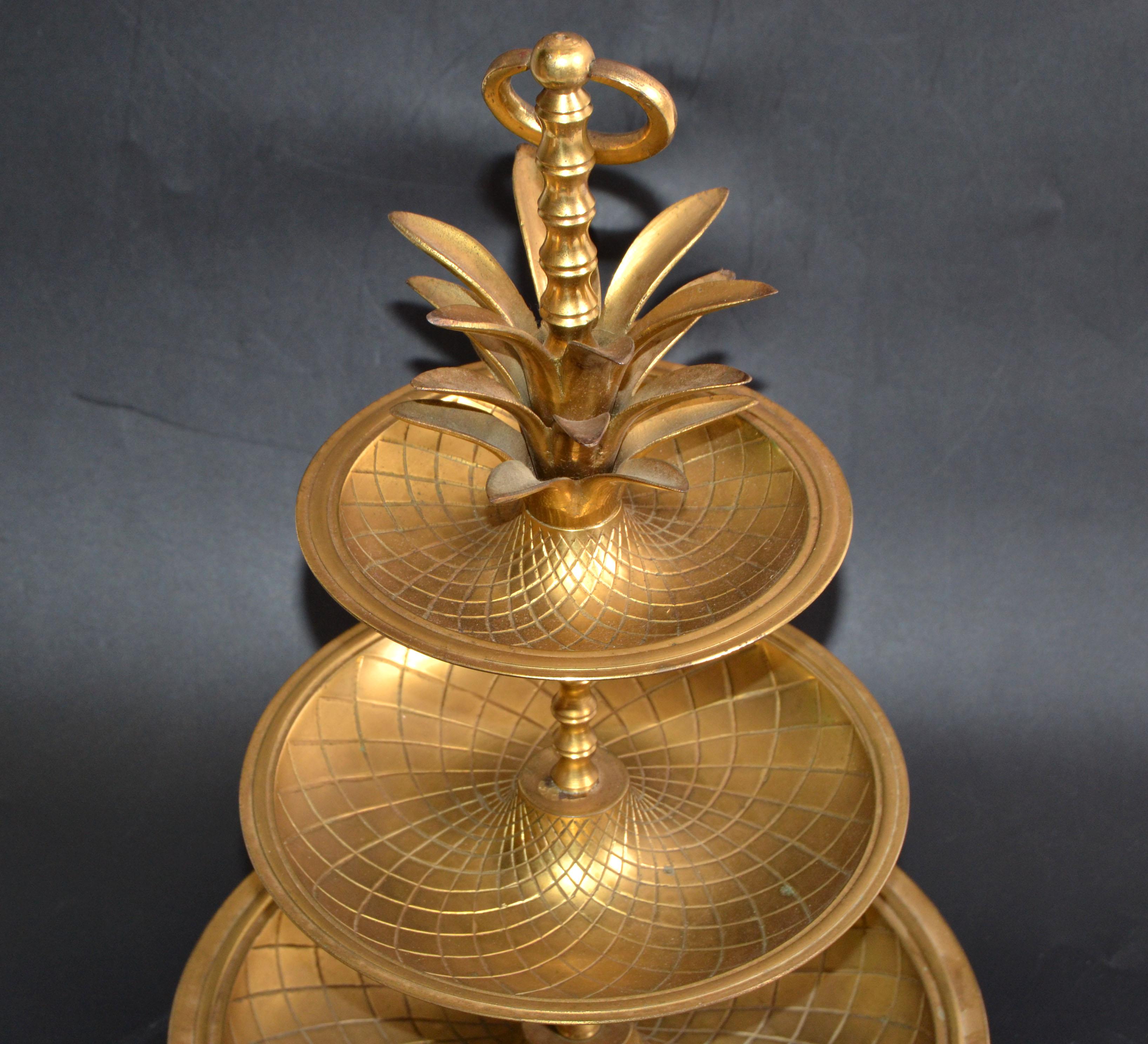 Hollywood Regency Brass Handcrafted 3-Tier Pineapple Nesting Serving Tray Stand