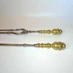 Brass Handle Fire Tool Set of Two Including Wood Tongs and Shovel