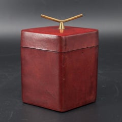 Brass Handled Red Leather Trinket Box Lid ScaccoMatto Italy Midcentury Regency