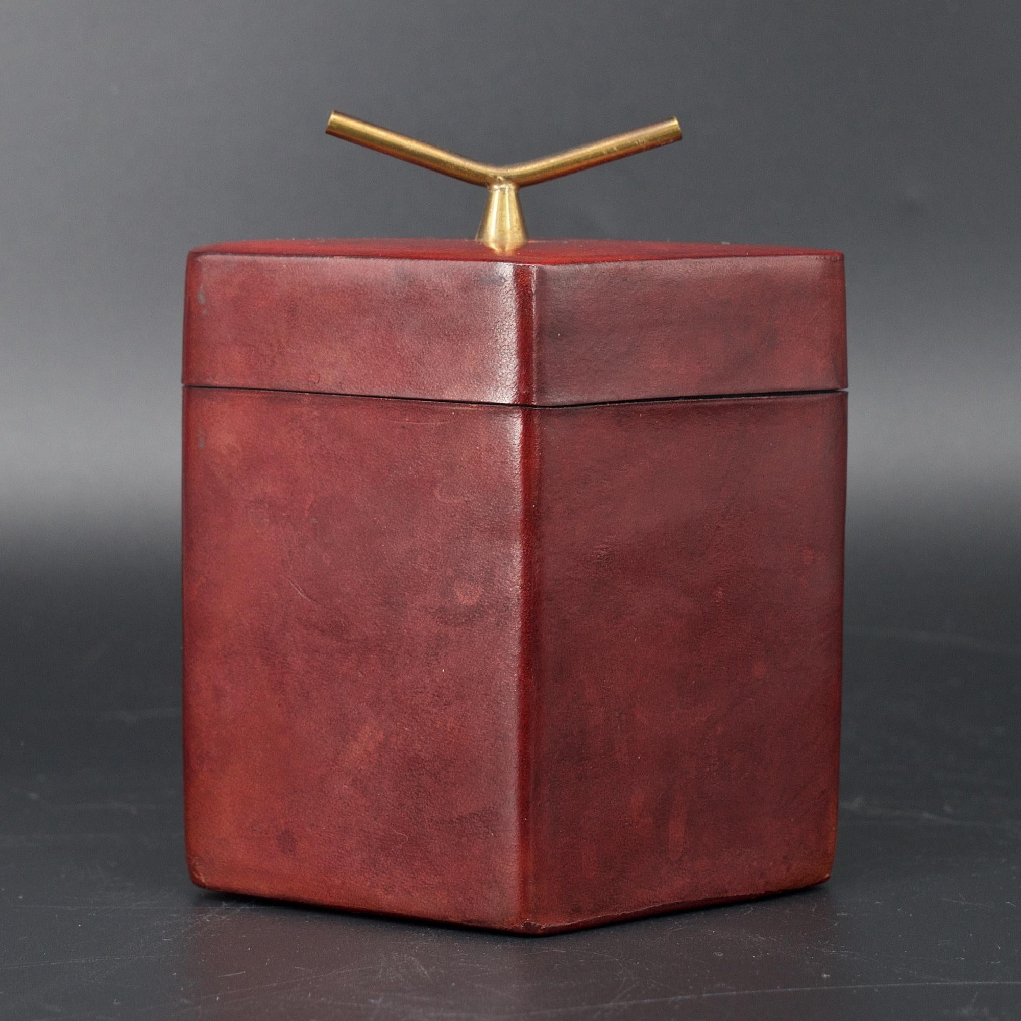 Mid-Century Modern Brass Handled Red Leather Trinket Box Lid ScaccoMatto Italy Midcentury Regency