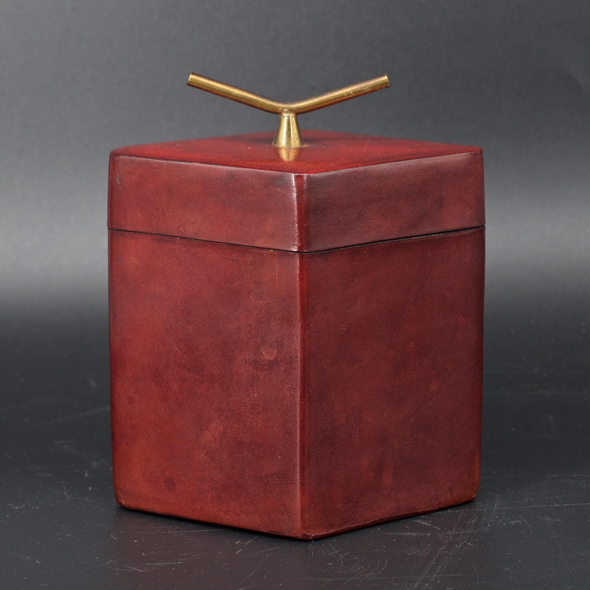 Italian Brass Handled Red Leather Trinket Box Lid ScaccoMatto Italy Midcentury Regency
