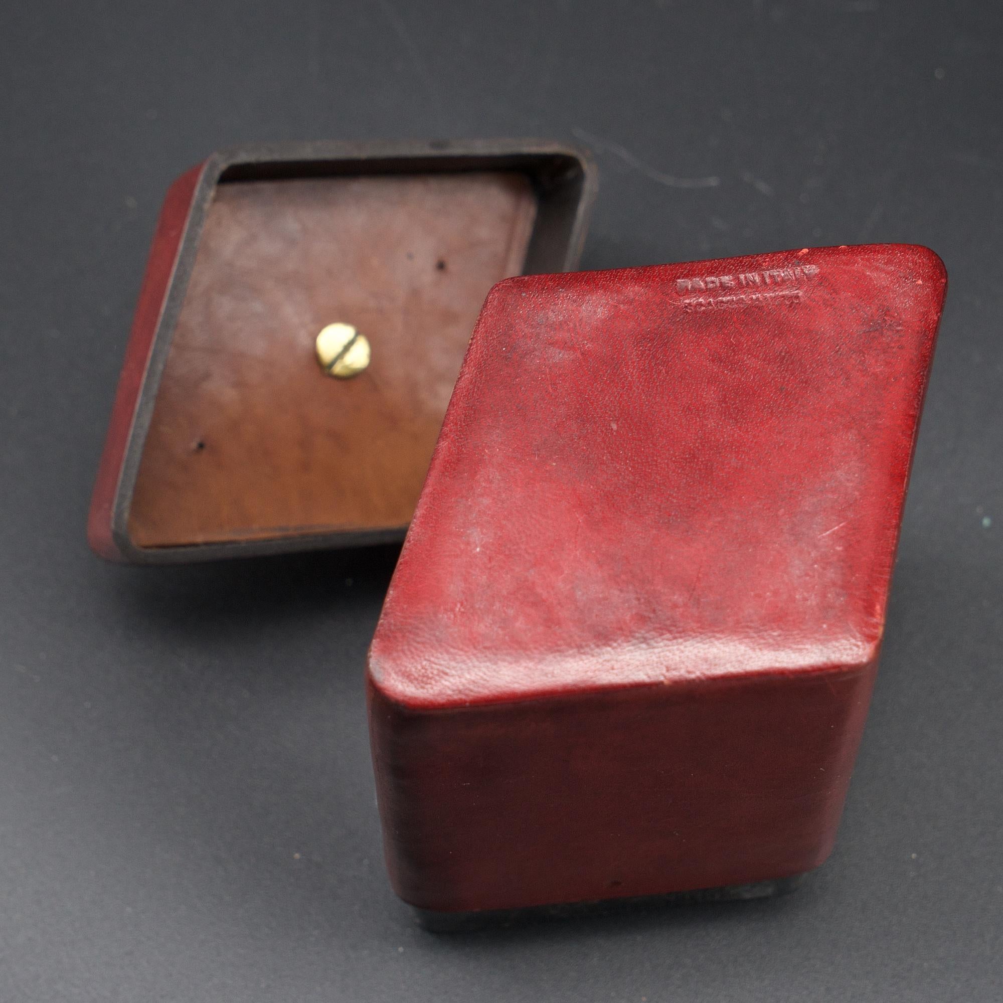 Brass Handled Red Leather Trinket Box Lid ScaccoMatto Italy Midcentury Regency 1
