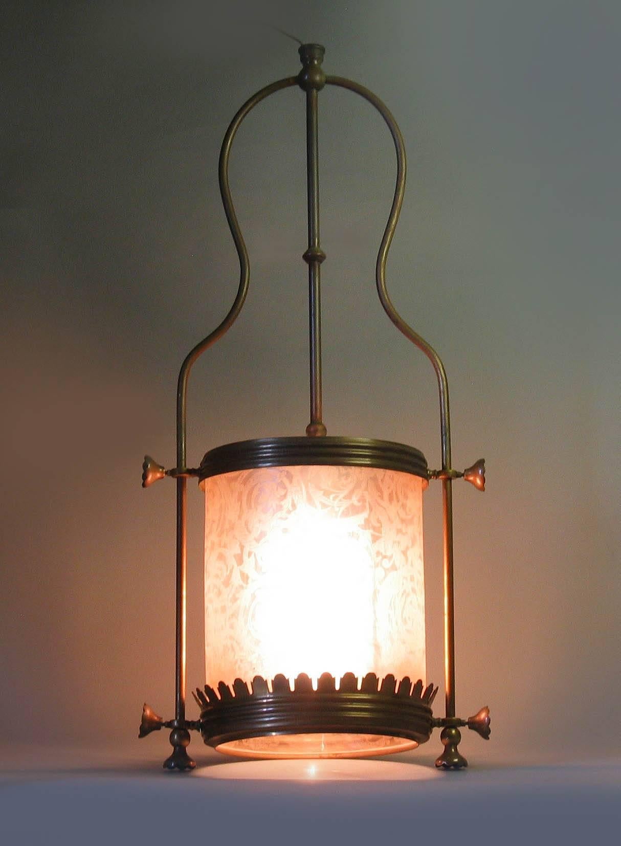 Glass Brass Hanging Hall Lantern, Circa 1910