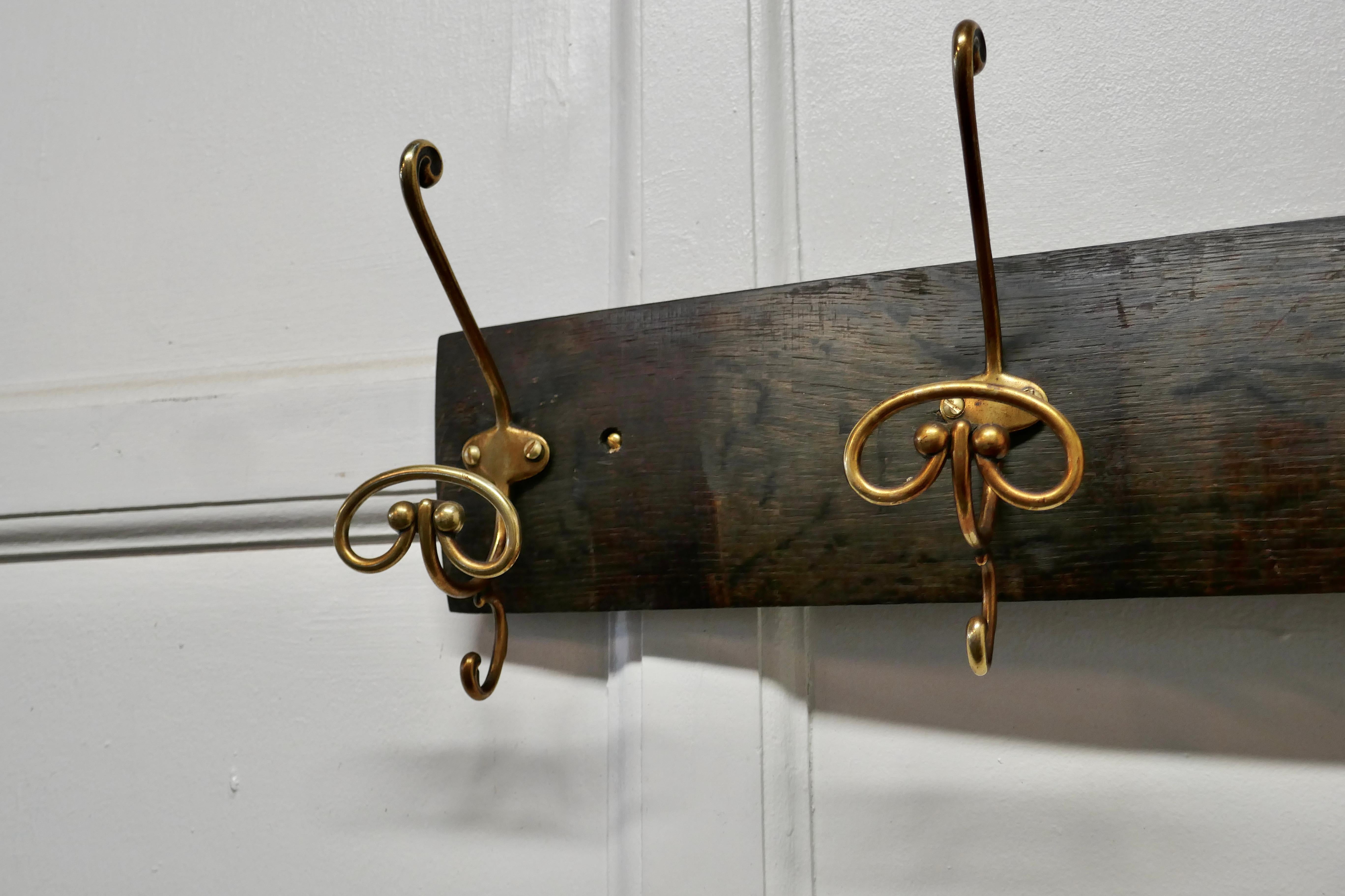 Brass Hat and Coat Hooks, Set on Wine Barrel Oak In Good Condition For Sale In Chillerton, Isle of Wight