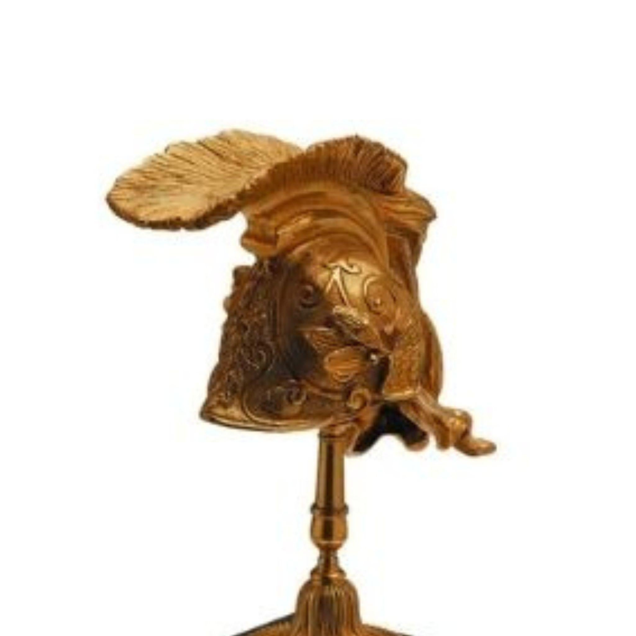 Italian Arthur decorative natural brass helm with black and brown marble base For Sale