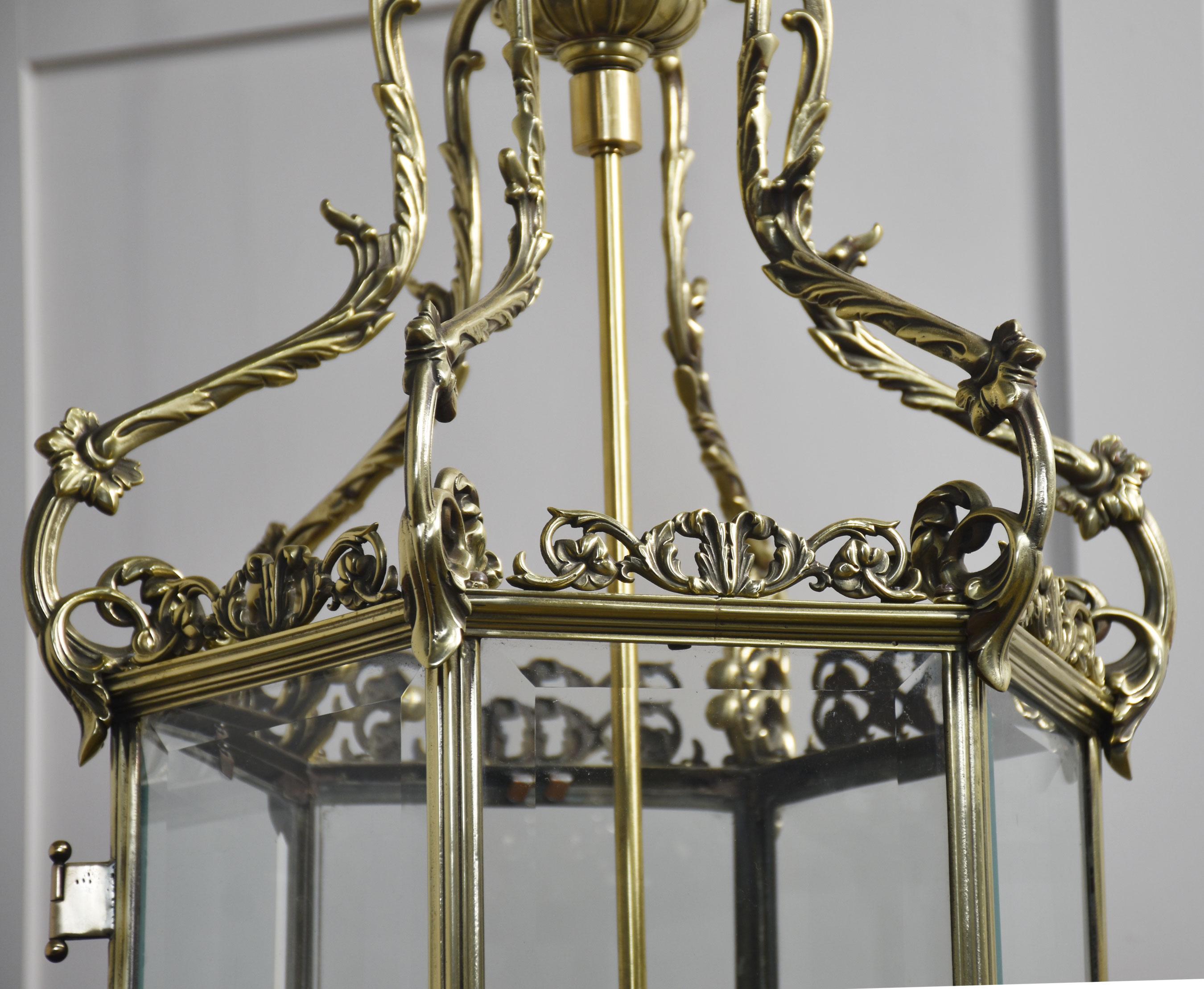 British Brass hexagonal hall lantern For Sale