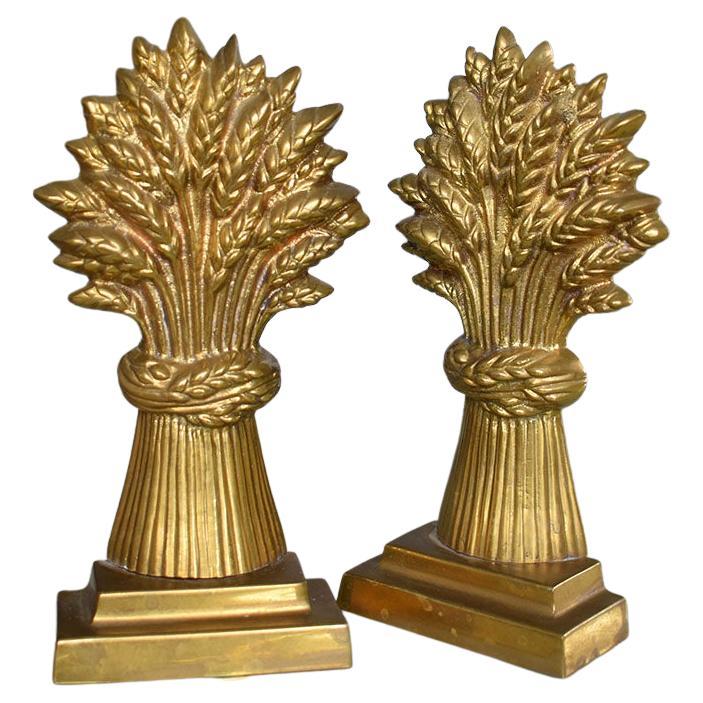 Brass Hollywood Regency Sheaf of Wheat Bookends or Door Stops - A Pair