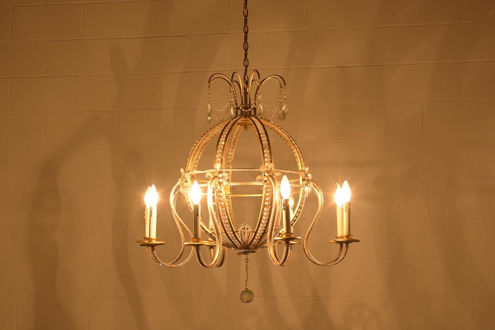 Restored 1910s Vintage Brass Crystal Hollywood Regency Chandelier In Good Condition For Sale In Los Angeles, CA