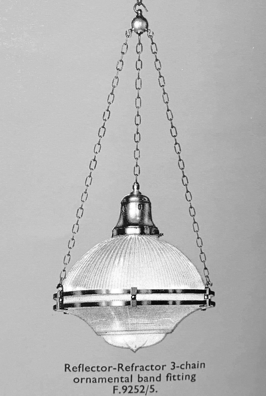 Brass Holophane 'Reflector-Refractor' Prismatic Glass Pendant Light, c.1920 4