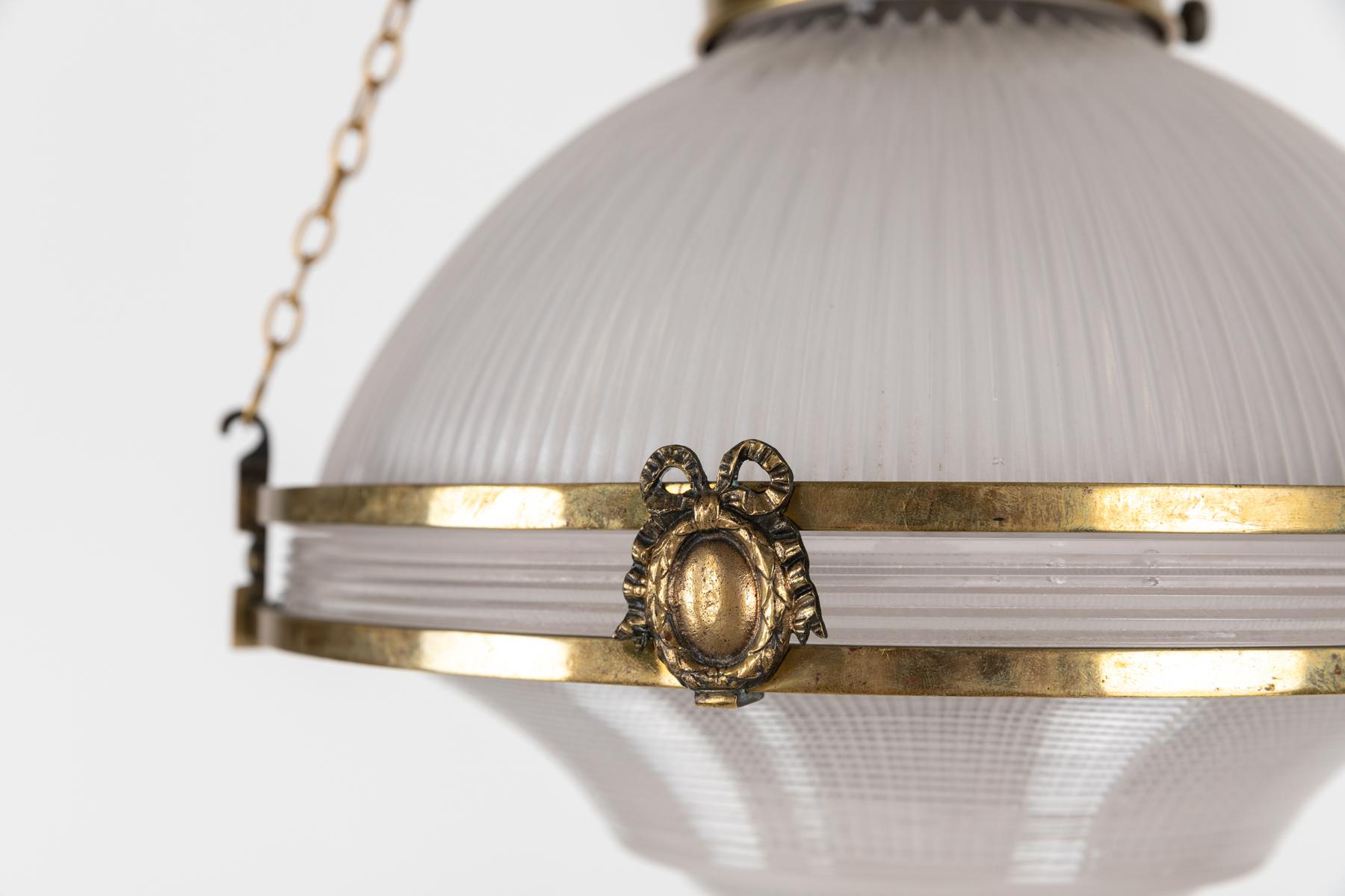 Brass Holophane 'Reflector-Refractor' Prismatic Glass Pendant Light, c.1920 In Good Condition In London, GB