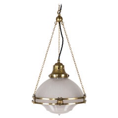 Antique Brass Holophane 'Reflector-Refractor' Prismatic Glass Pendant Light, c.1920