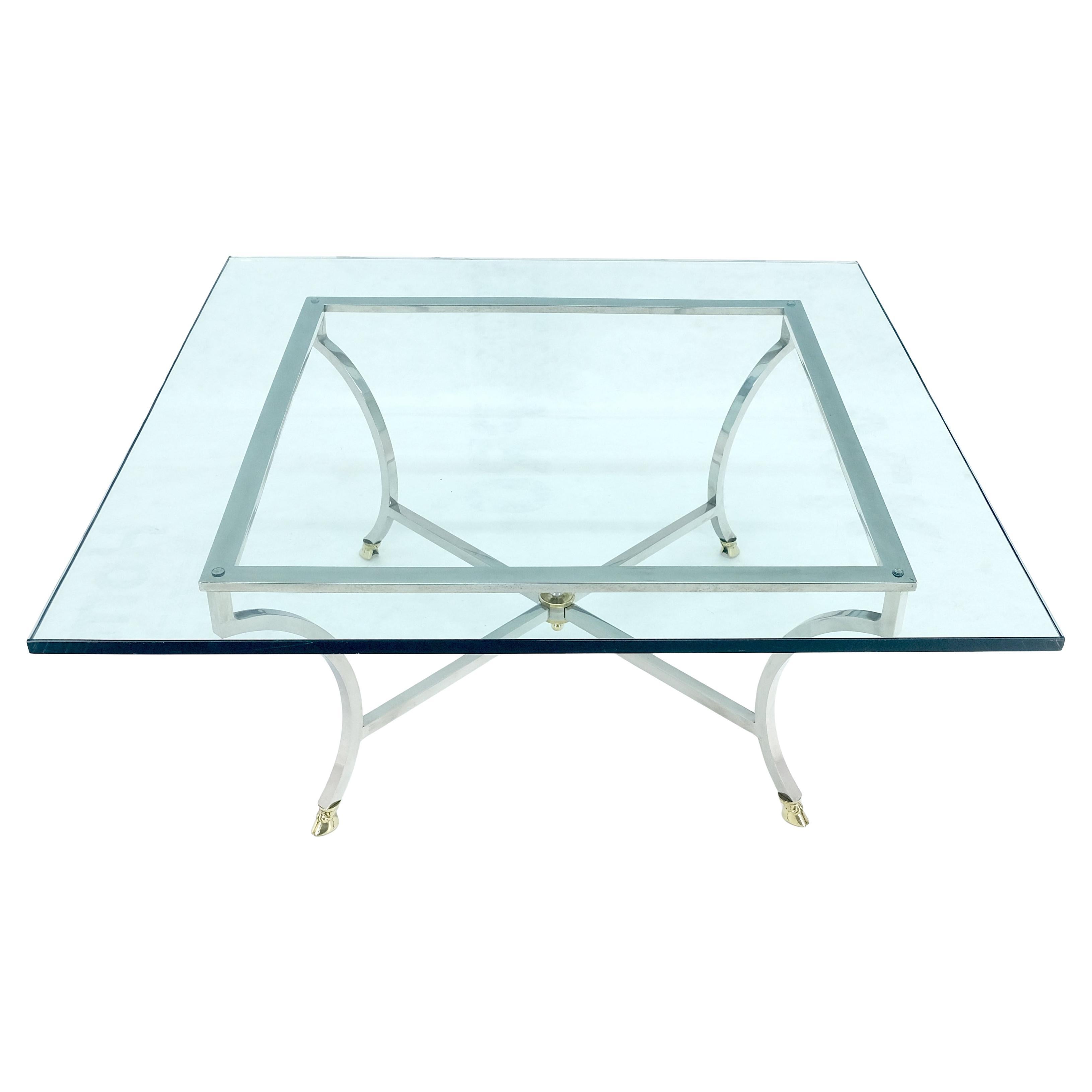 Brass hoof Feet 40x40 3/4" Square Glass Top Chrome Base Coffee Table Italy MINT
