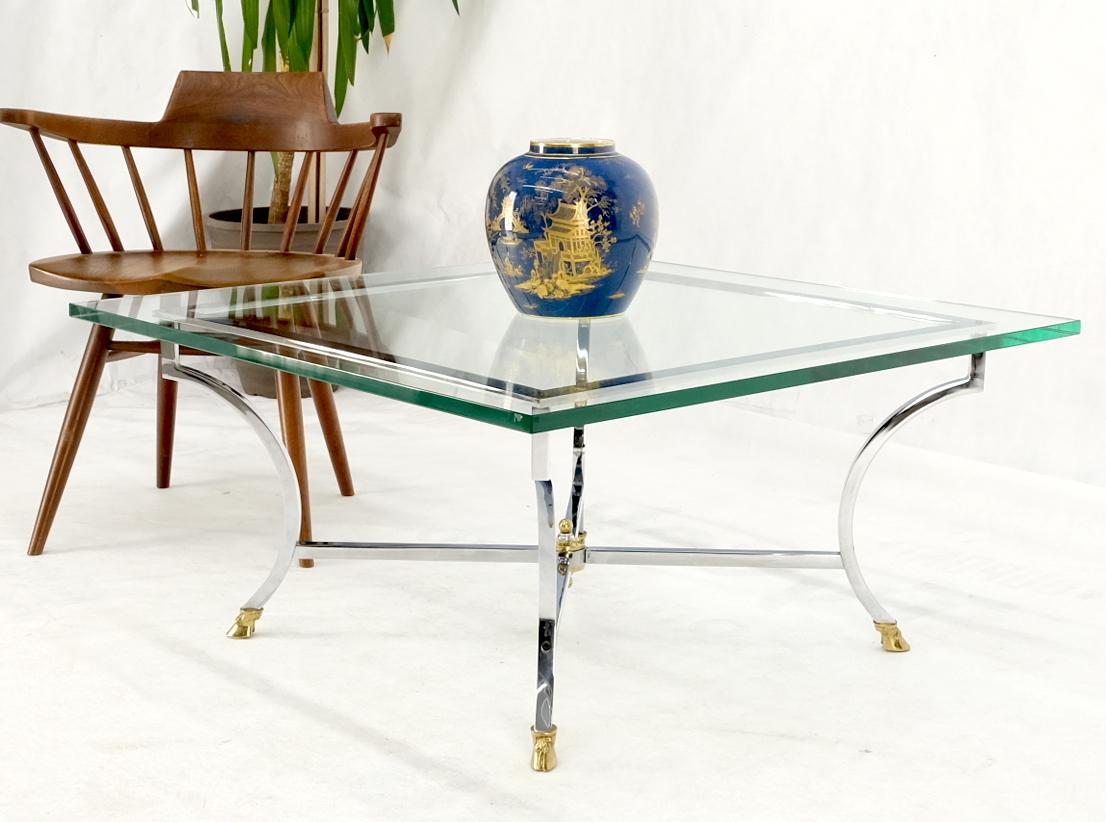 Brass hoof feet polished chrome glass top square coffee table Mid-Century Modern.