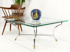 Brass Hoof Feet Polished Chrome Glass Top Square Coffee Table Mid-Century Modern