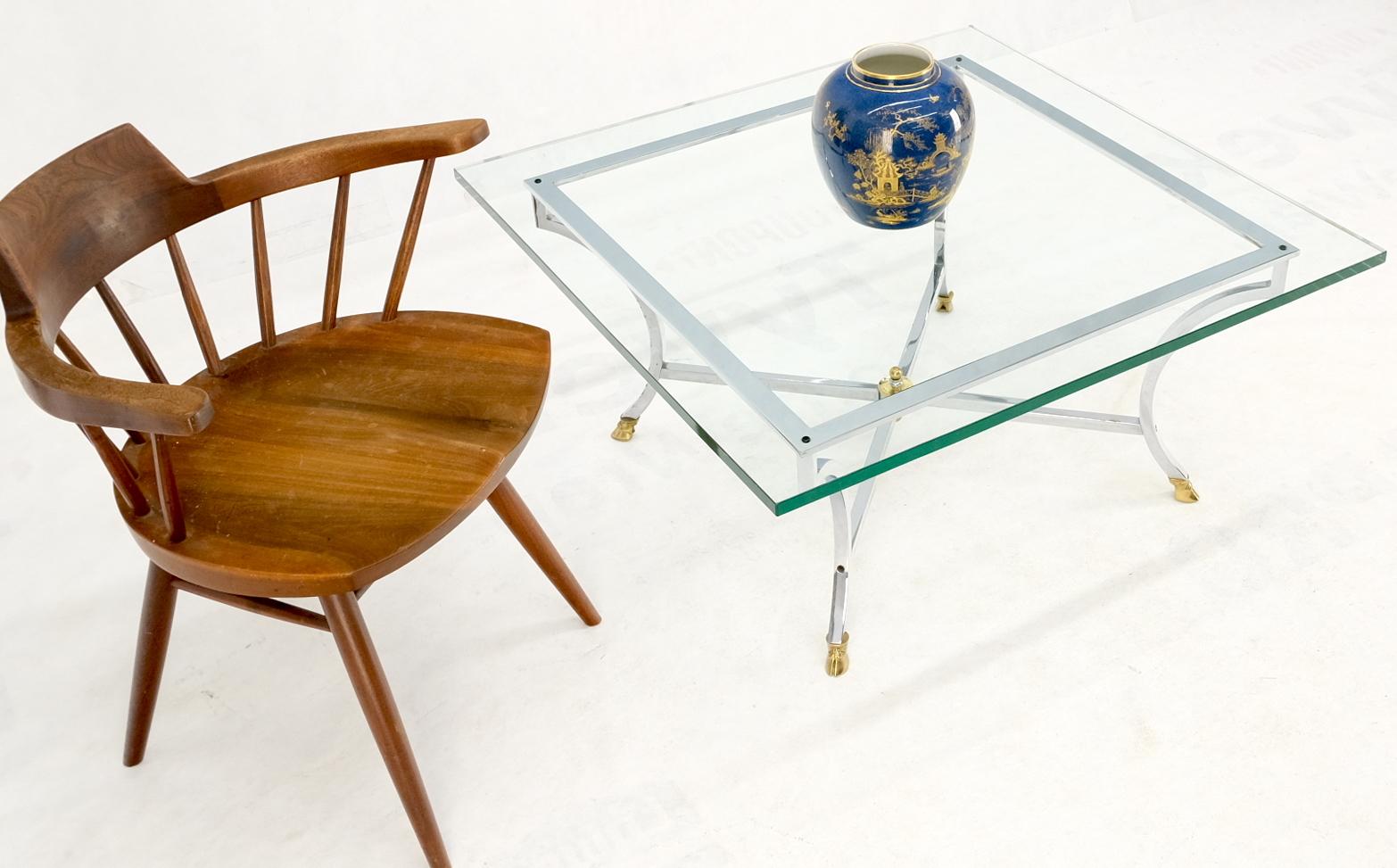 Brass Hoof Feet Polished Chrome Glass Top Square Coffee Table Mid-Century Modern In Good Condition For Sale In Rockaway, NJ