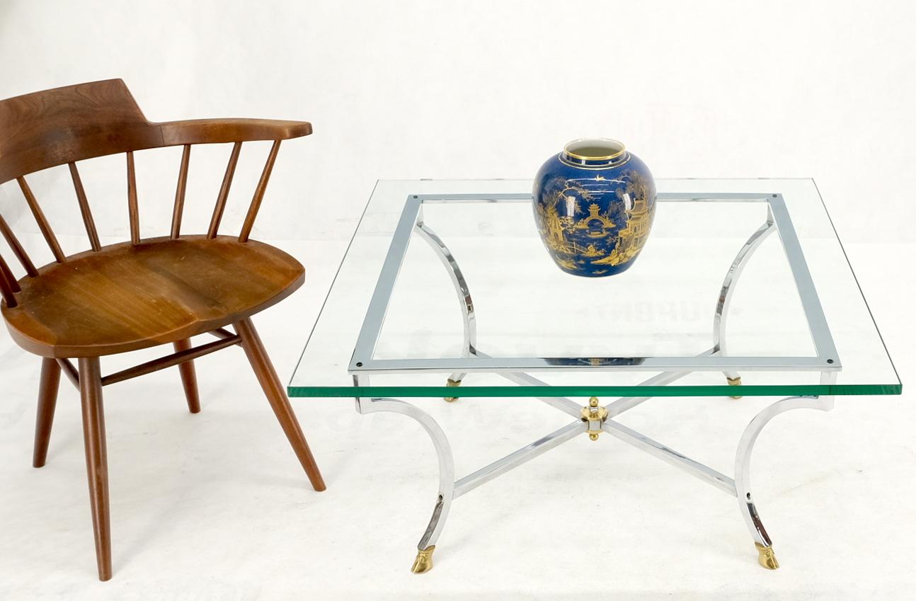 20th Century Brass Hoof Feet Polished Chrome Glass Top Square Coffee Table Mid-Century Modern For Sale