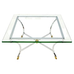 Used Brass Hoof Feet Polished Chrome Glass Top Square Coffee Table Mid-Century Modern