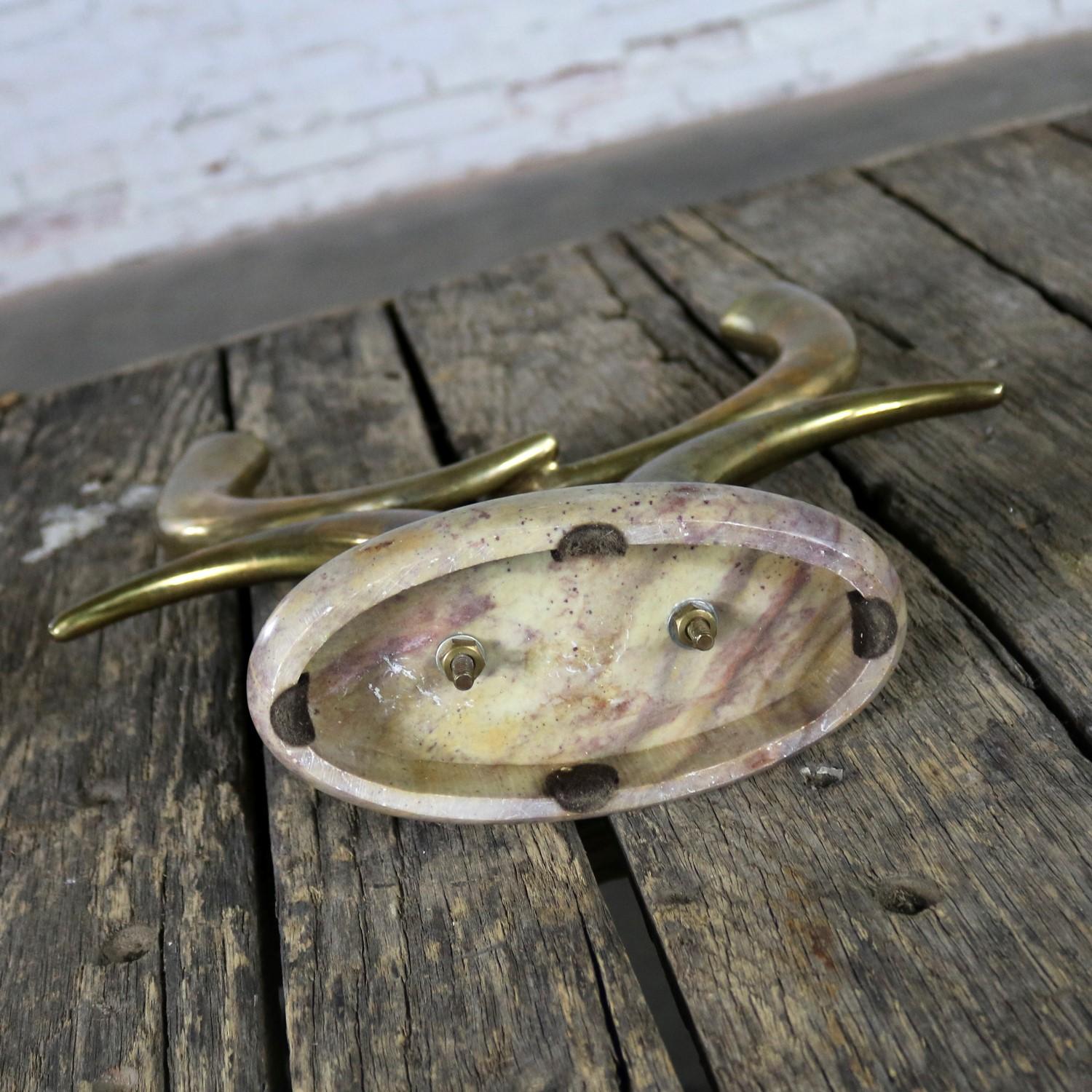 Brass Horn or Tusk Shaped Double Candleholder on Oval Stone Base 4