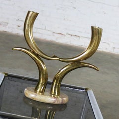 Brass Horn or Tusk Shaped Double Candleholder on Oval Stone Base