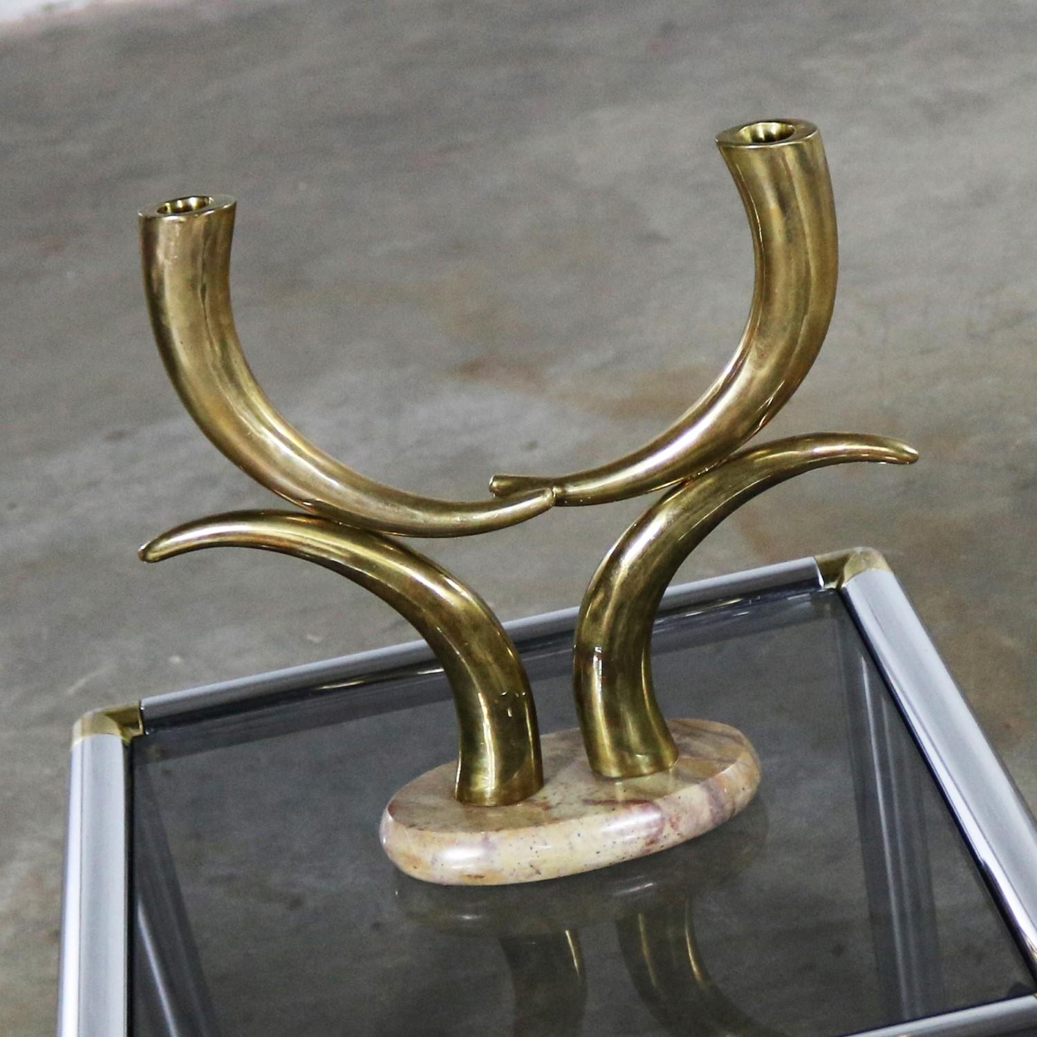 Tribal Brass Horn or Tusk Shaped Double Candleholder on Oval Stone Base