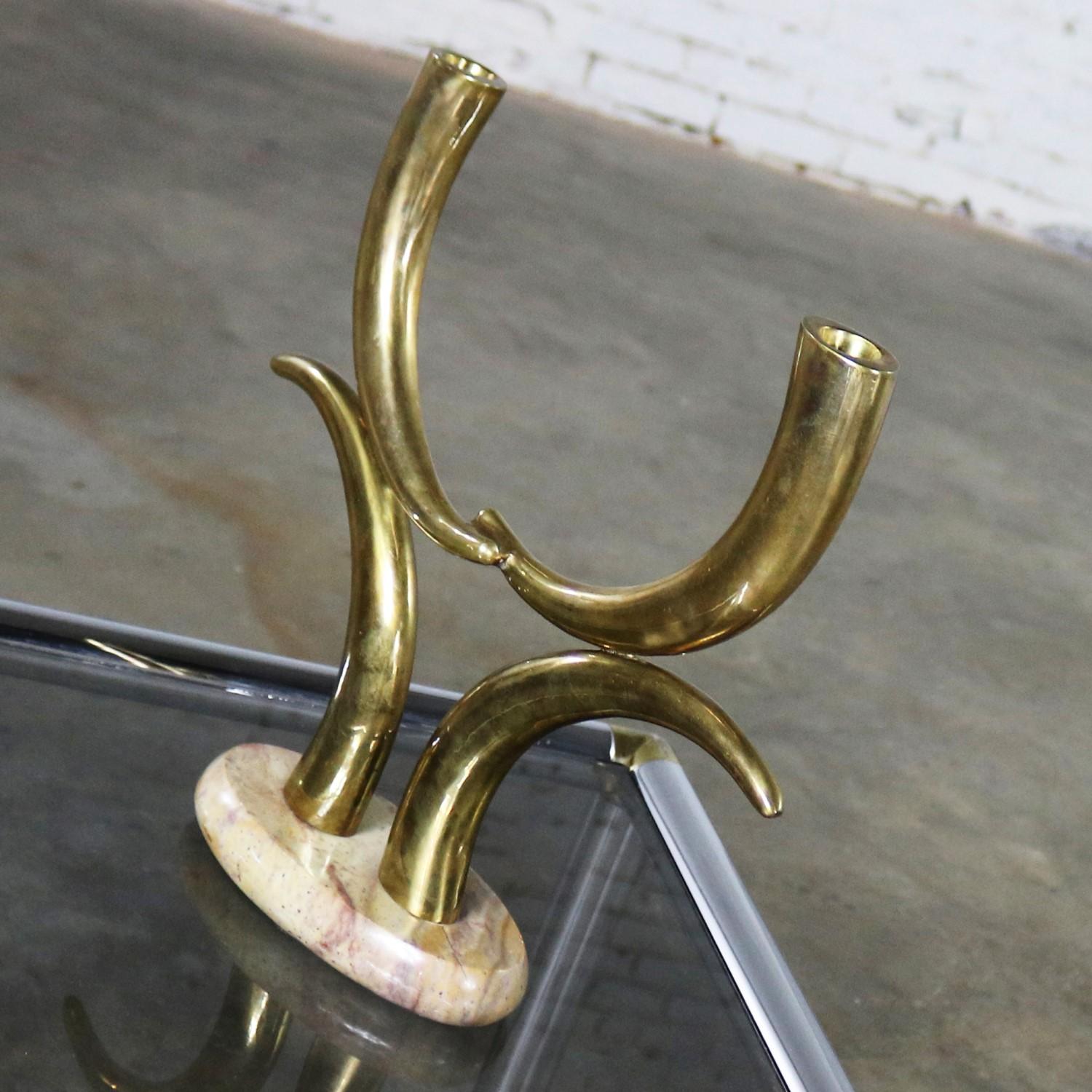 Brass Horn or Tusk Shaped Double Candleholder on Oval Stone Base In Good Condition In Topeka, KS