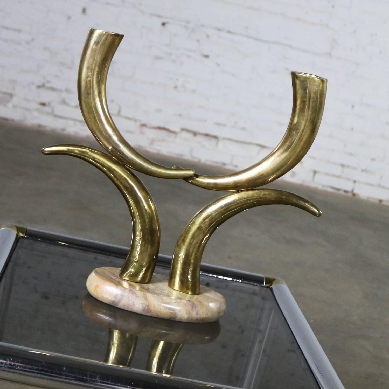 20th Century Brass Horn or Tusk Shaped Double Candleholder on Oval Stone Base
