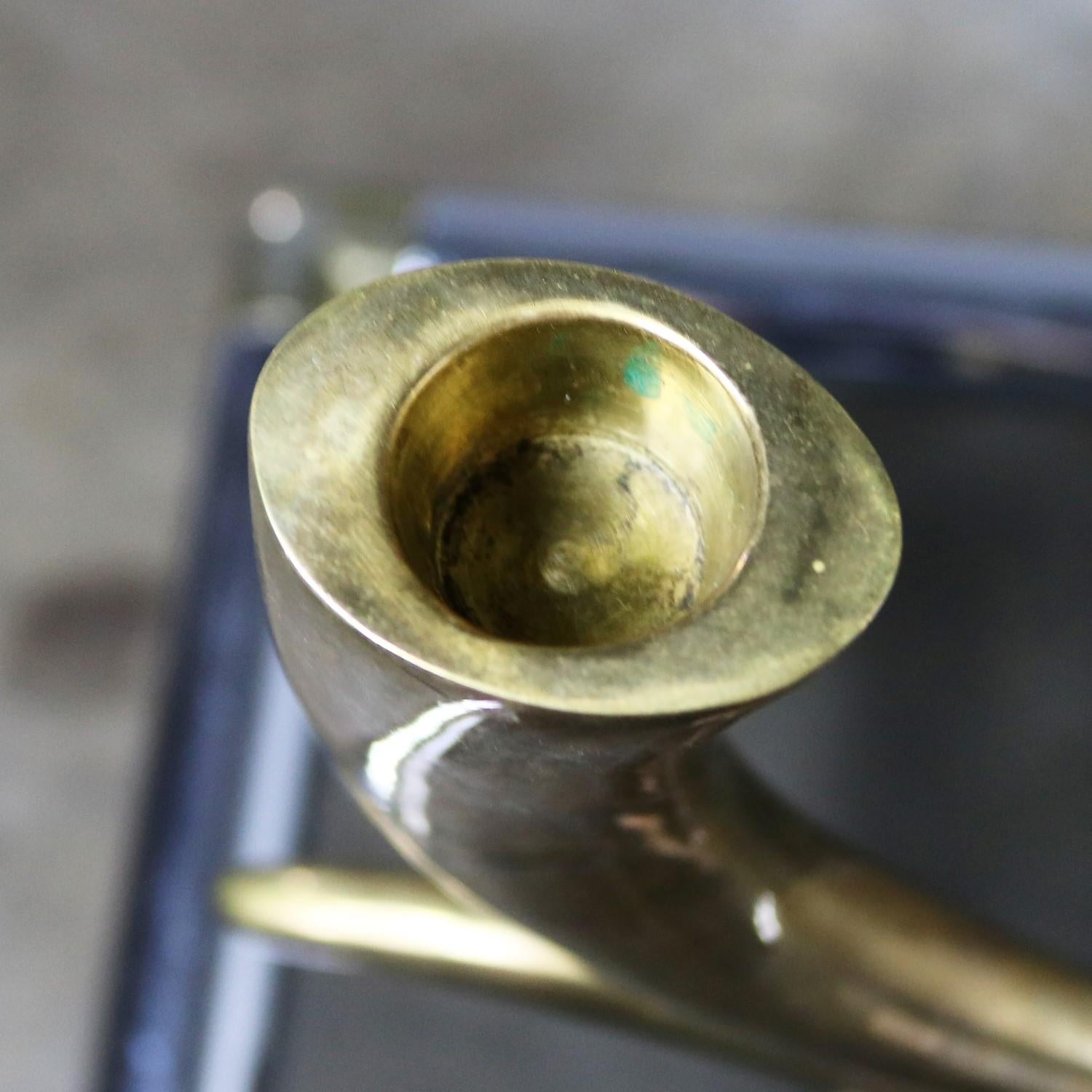 Brass Horn or Tusk Shaped Double Candleholder on Oval Stone Base 2