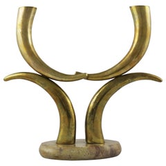 Brass Horn or Tusk Shaped Double Candleholder on Oval Stone Base