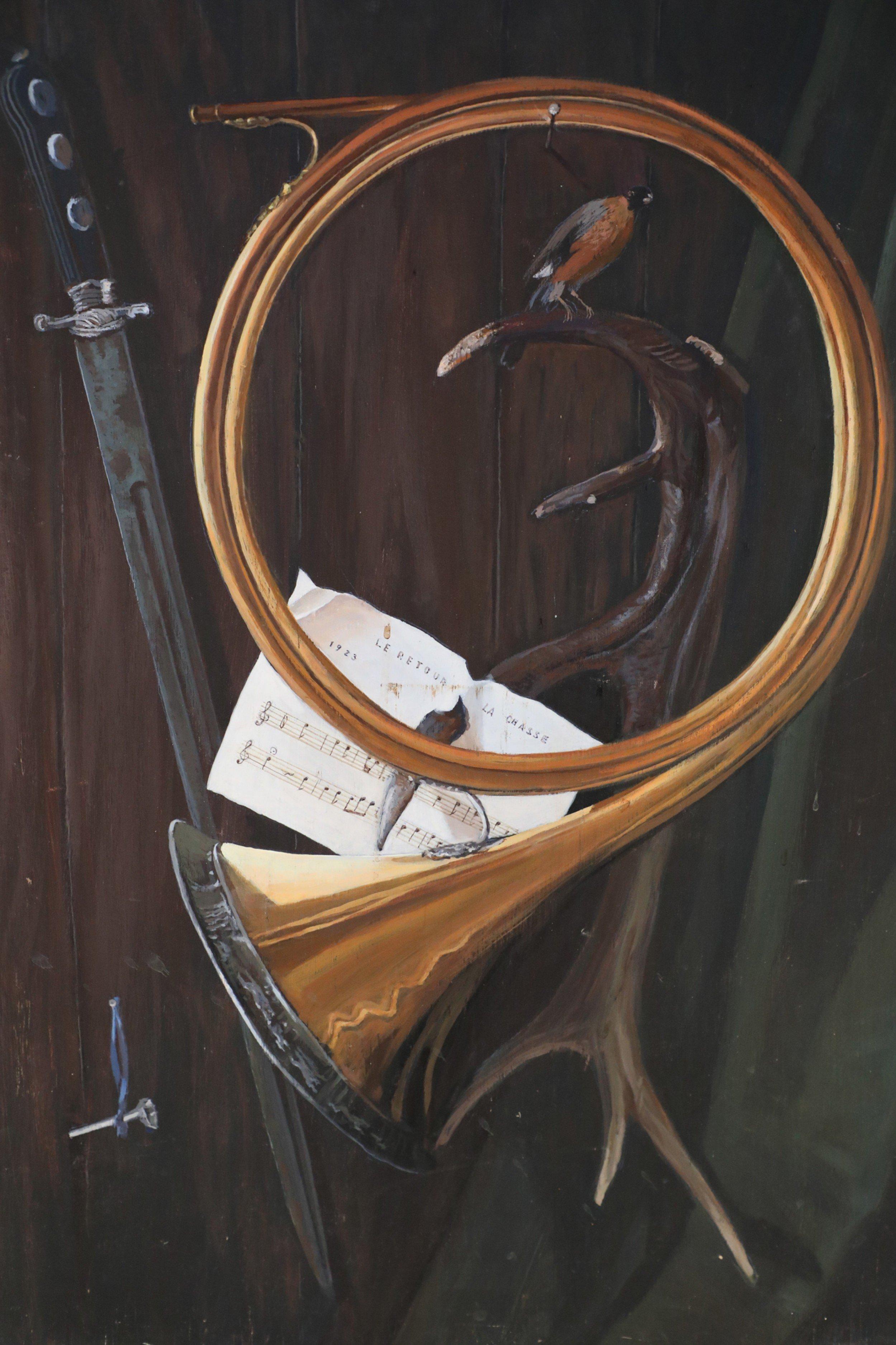 American Brass Horn, Sword, and Antler Still Life Painting on Wood For Sale