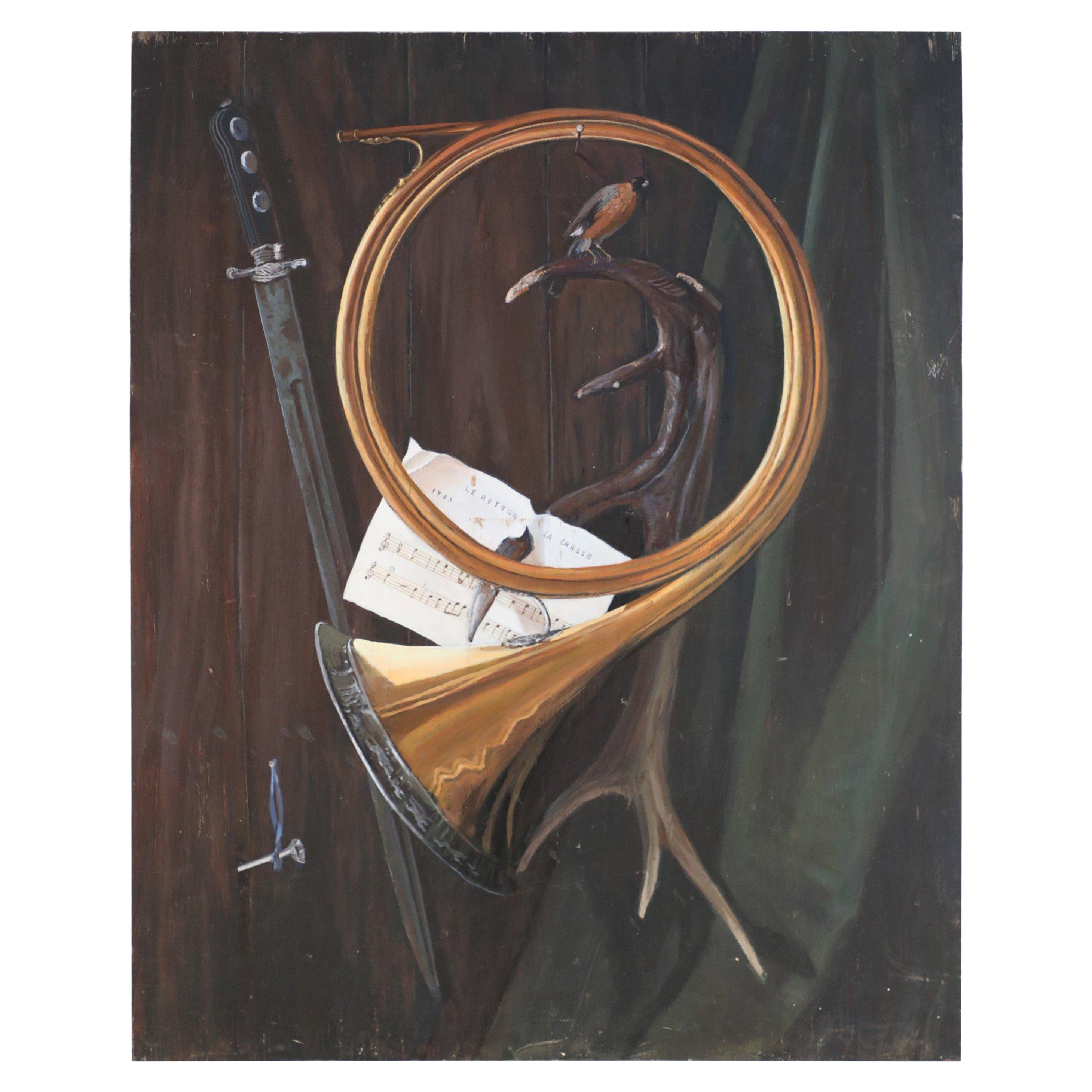 Messing Horn, Schwert und Geweih Stillleben Malerei auf Holz