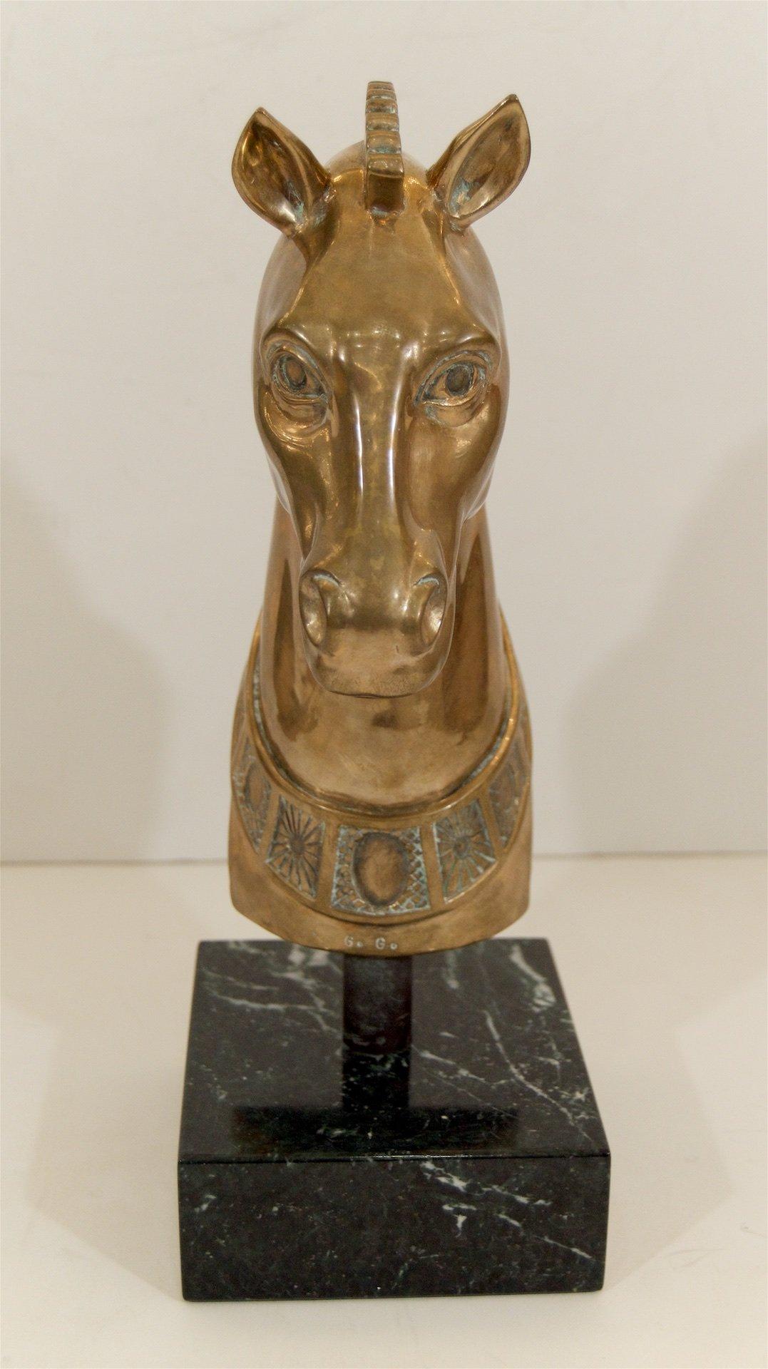 Mid-Century Modern Brass Horse Head Sculpture on Marble Base For Sale