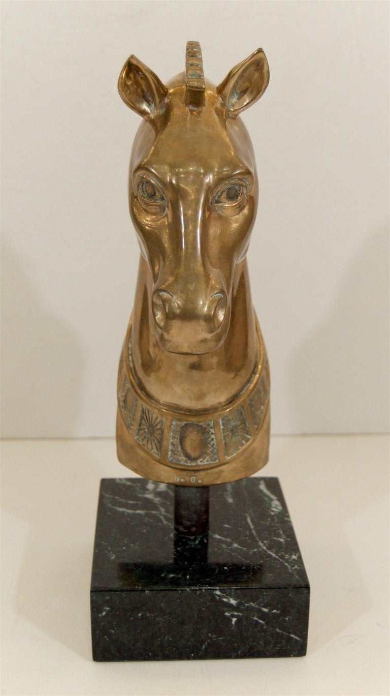 Brass Horse Head Sculpture on Marble Base For Sale at 1stDibs