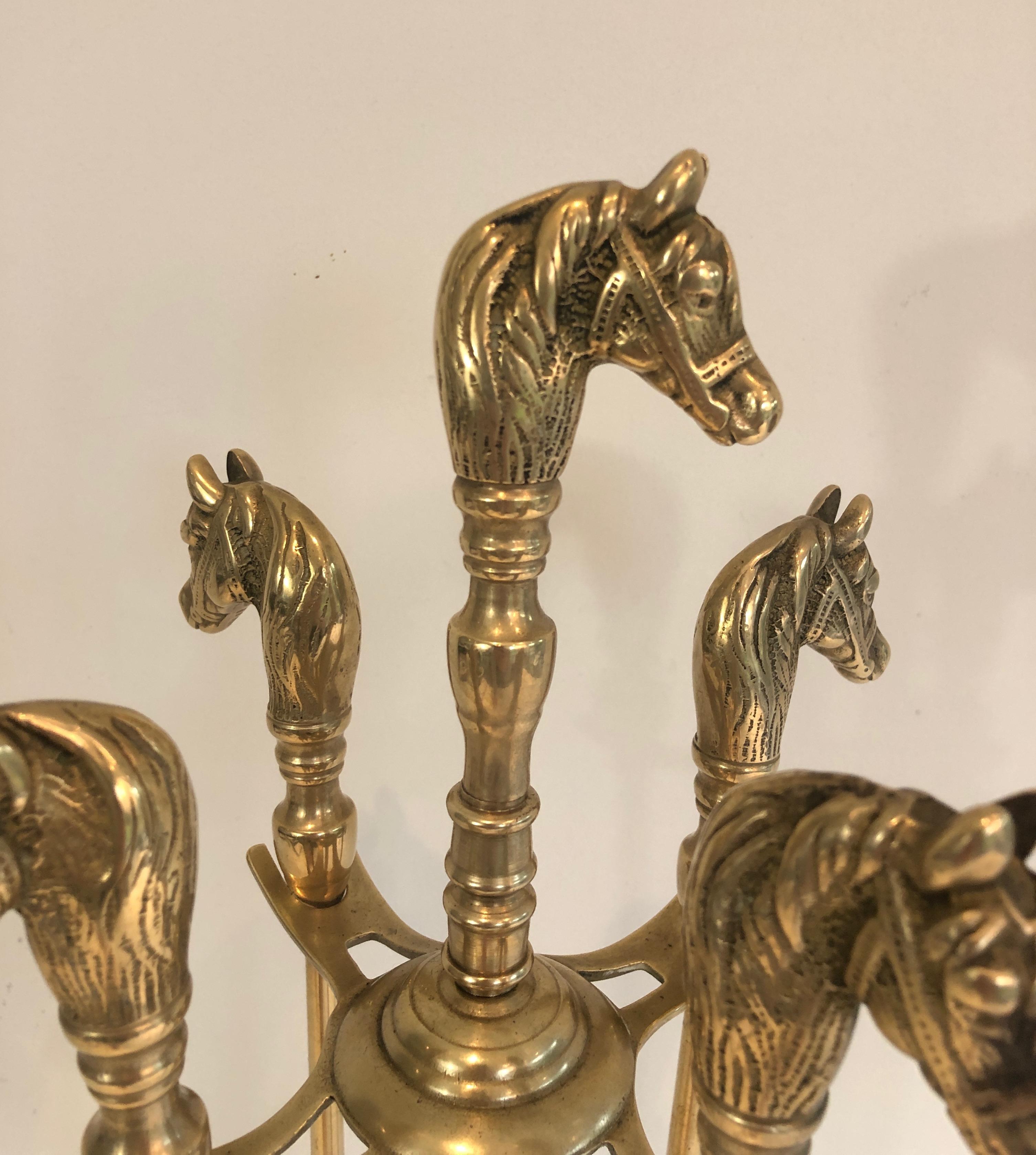 Brass Horse Heads Fireplace Tools on Stand, French, Circa 1970 5