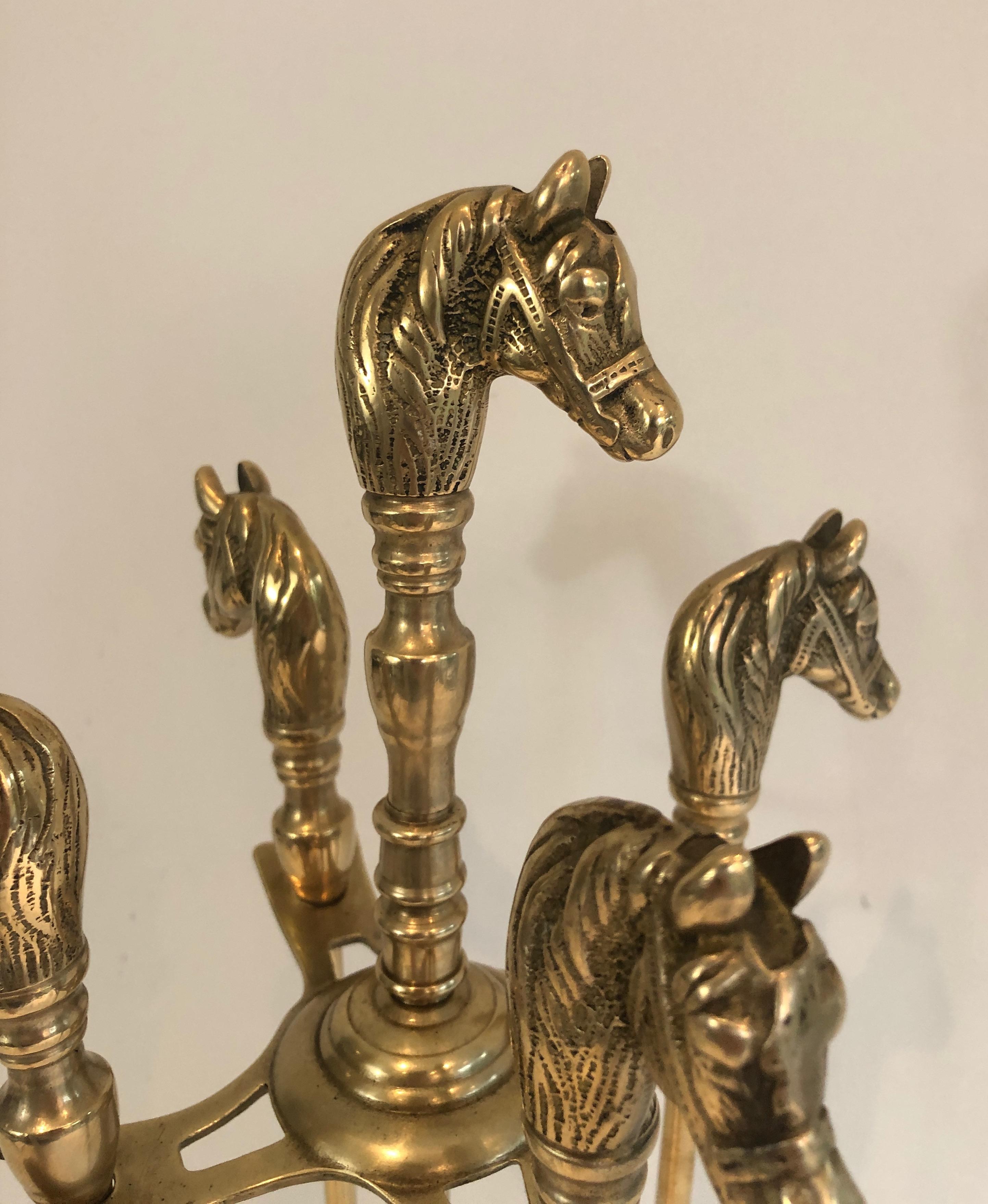 Brass Horse Heads Fireplace Tools on Stand, French, Circa 1970 6