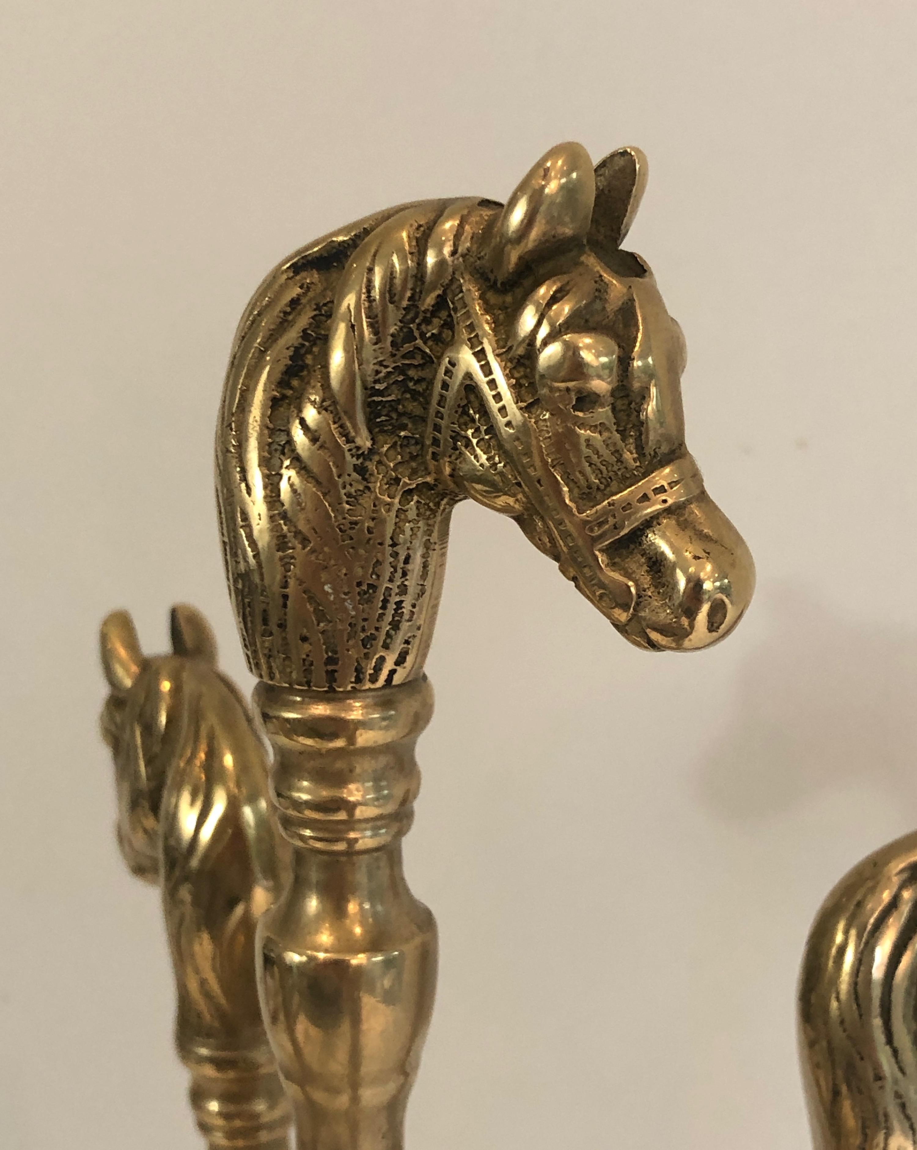 Brass Horse Heads Fireplace Tools on Stand, French, Circa 1970 7