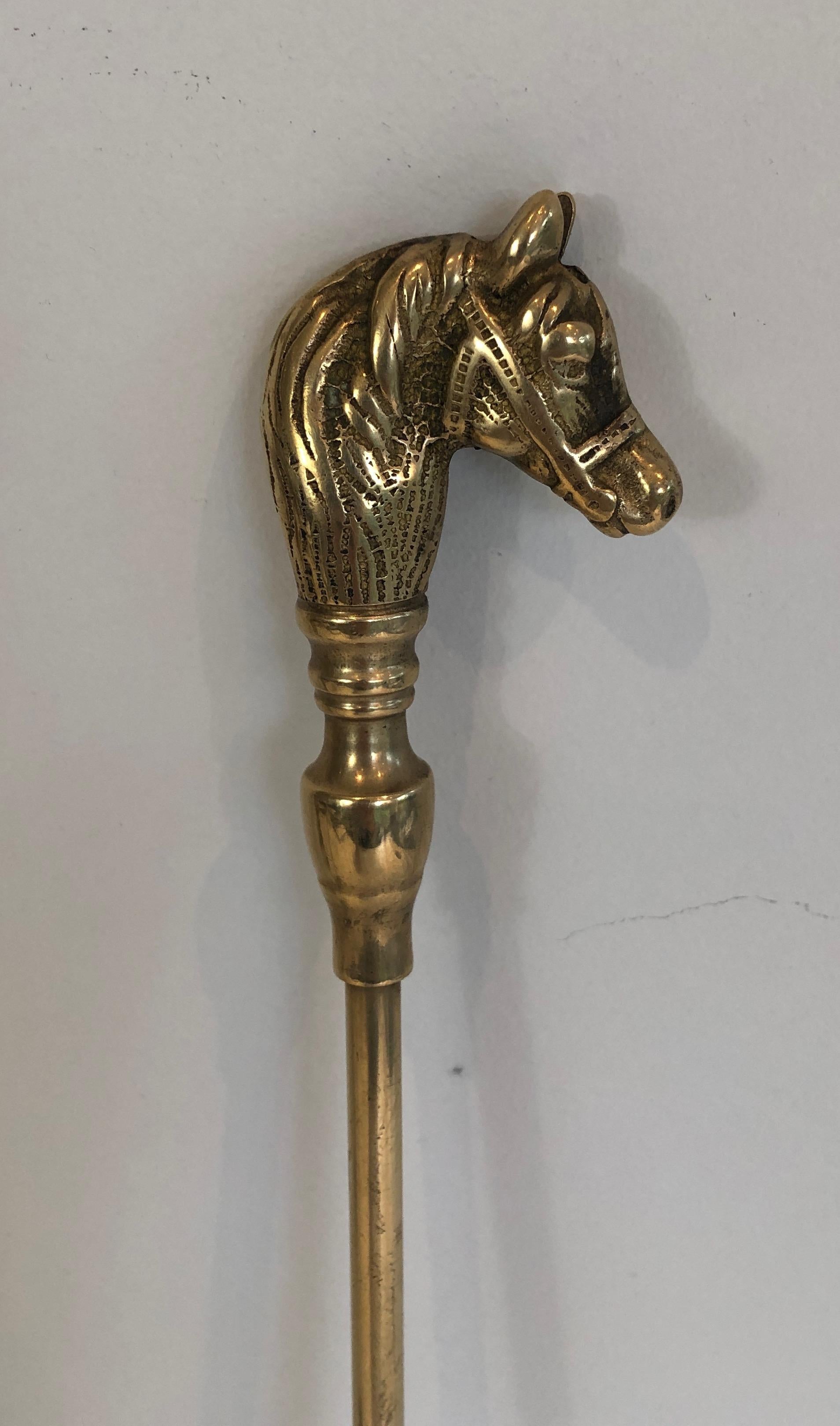 Brass Horse Heads Fireplace Tools on Stand, French, Circa 1970 8