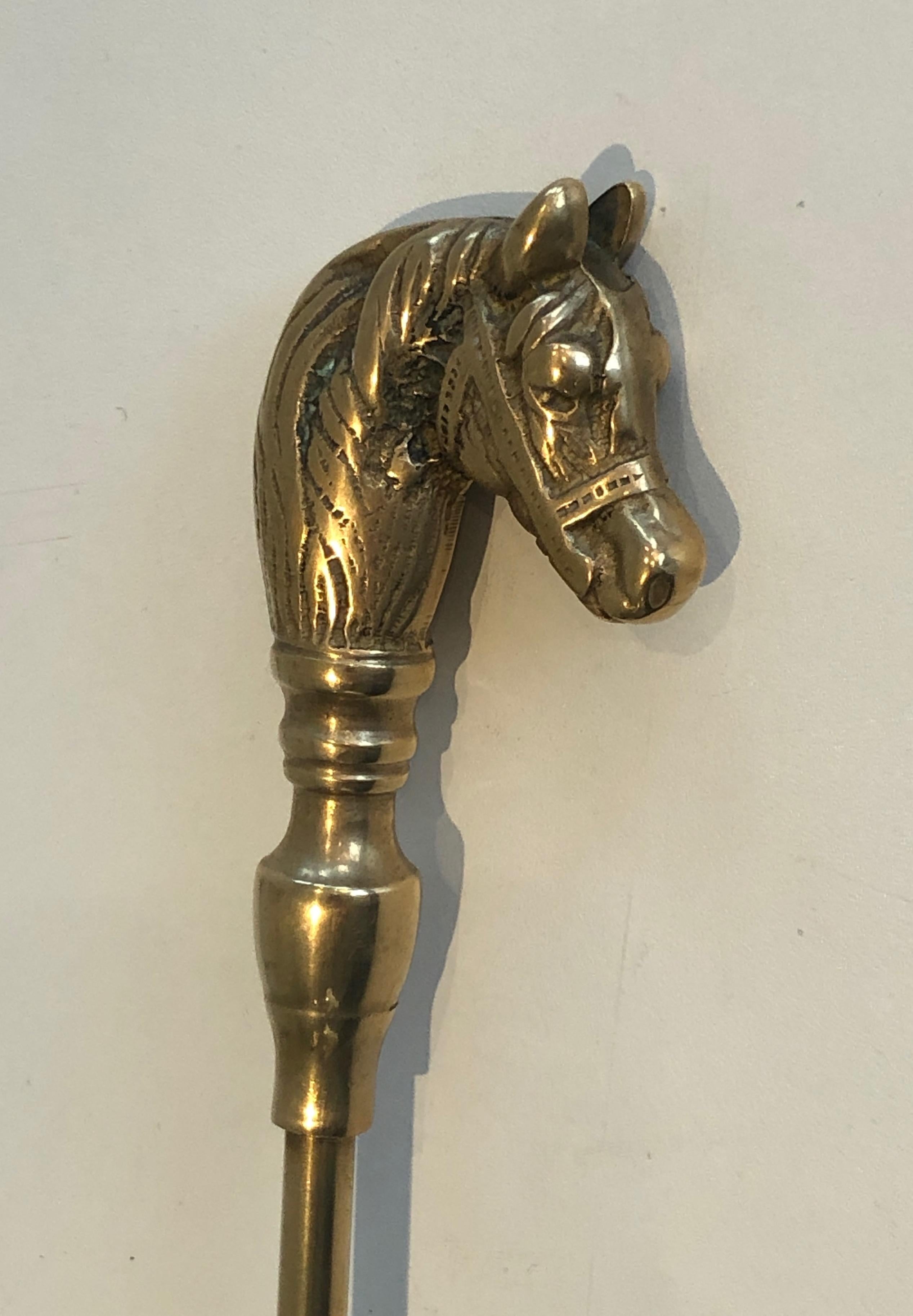 Brass Horse Heads Fireplace Tools on Stand, French, Circa 1970 9