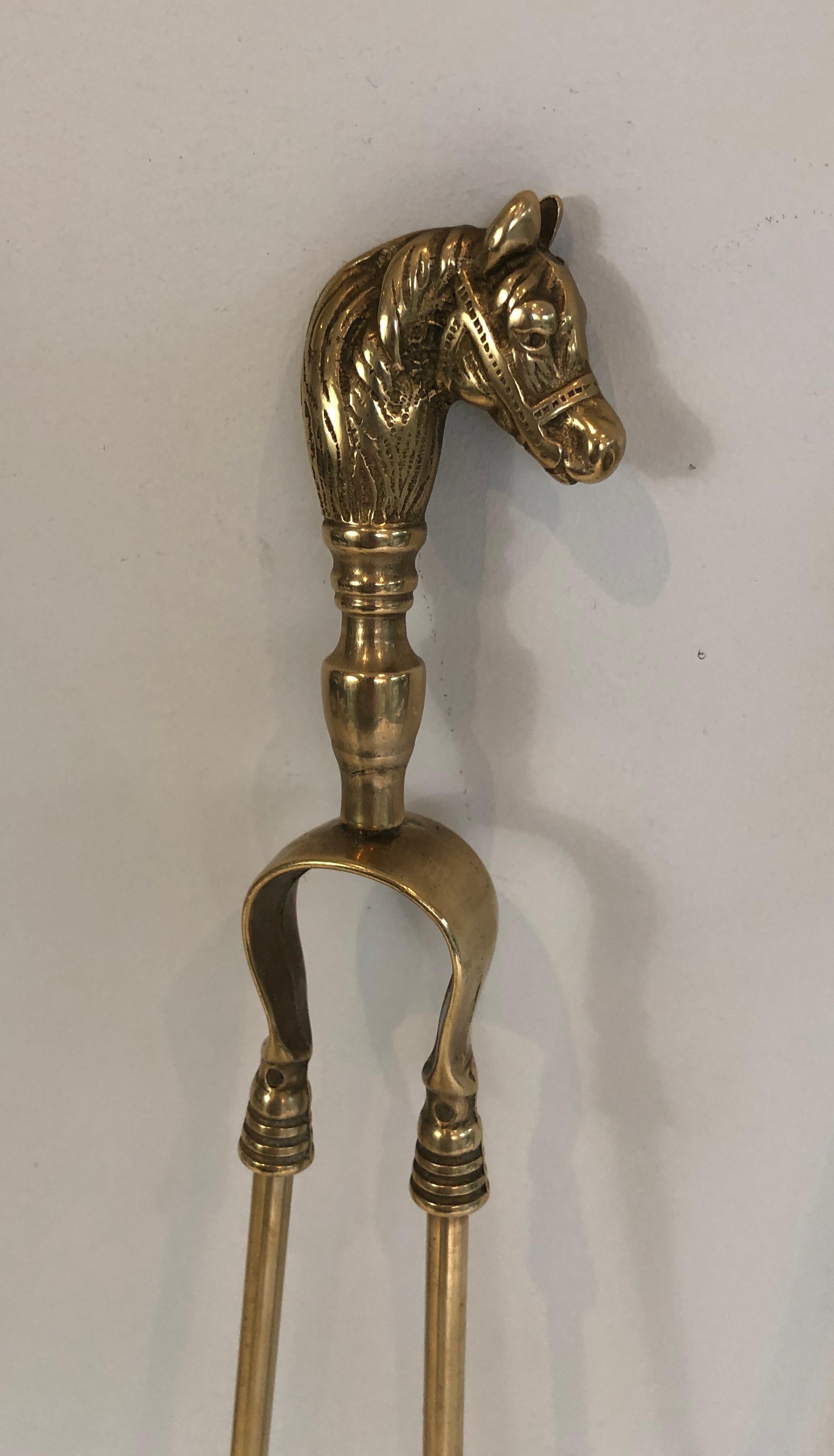 Brass Horse Heads Fireplace Tools on Stand, French, Circa 1970 11