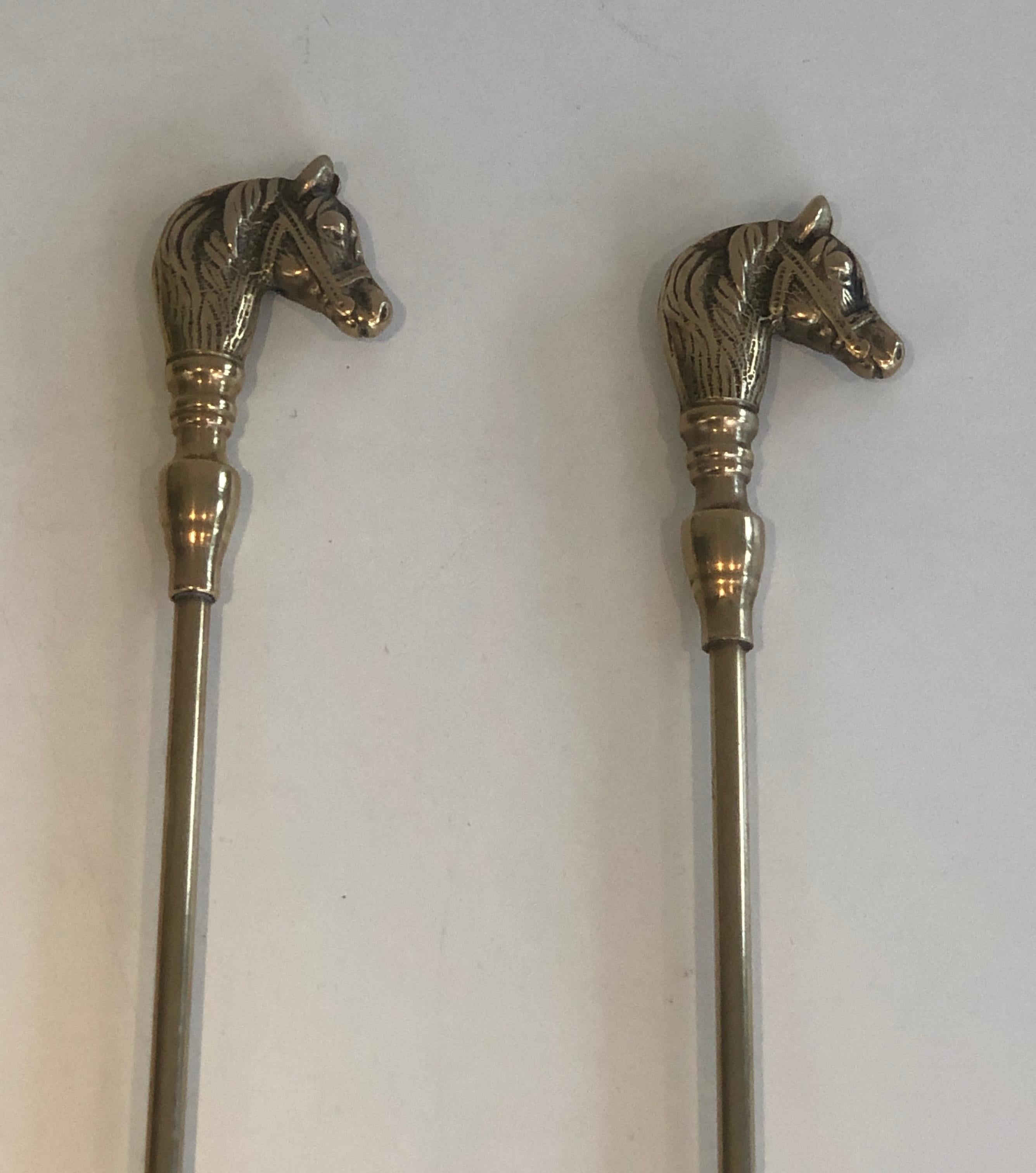 Brass Horse Heads Fireplace Tools on Stand, French, Circa 1970 12