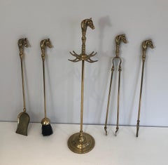 Brass Horse Heads Fireplace Tools on Stand, French, Circa 1970