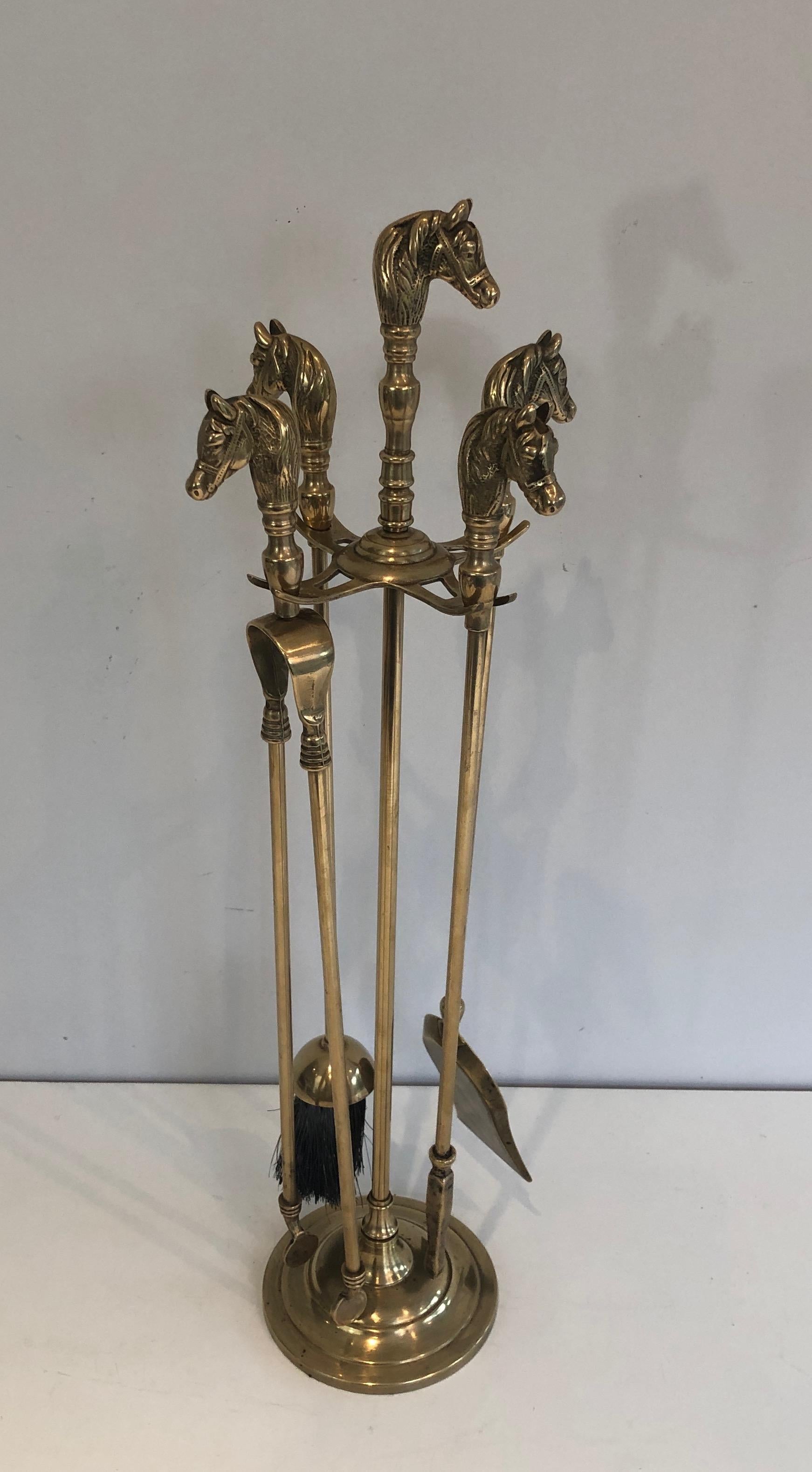 Brass Horse Heads Fireplace Tools on Stand, French, Circa 1970 15