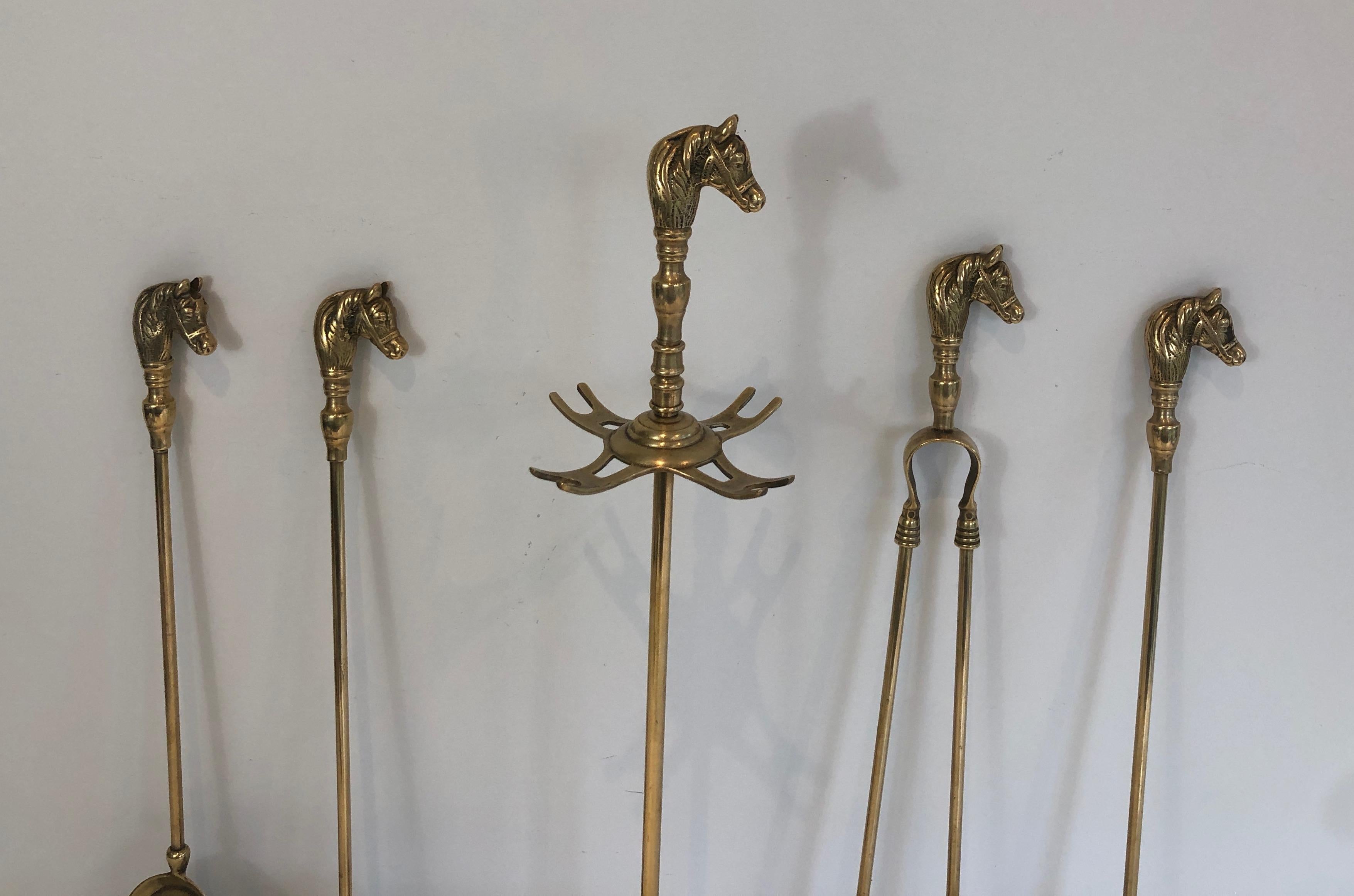 Neoclassical Brass Horse Heads Fireplace Tools on Stand, French, Circa 1970