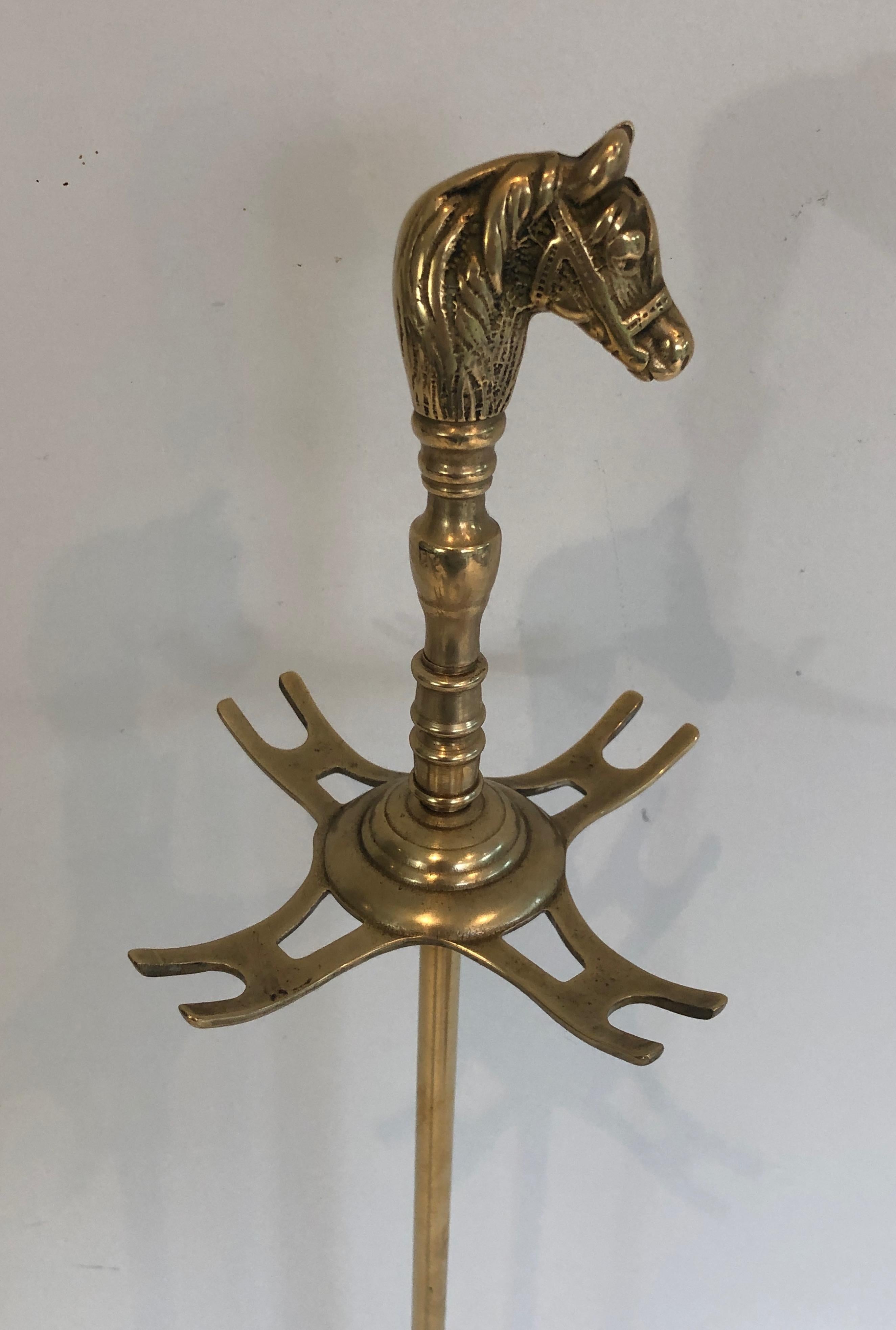 Brass Horse Heads Fireplace Tools on Stand, French, Circa 1970 1
