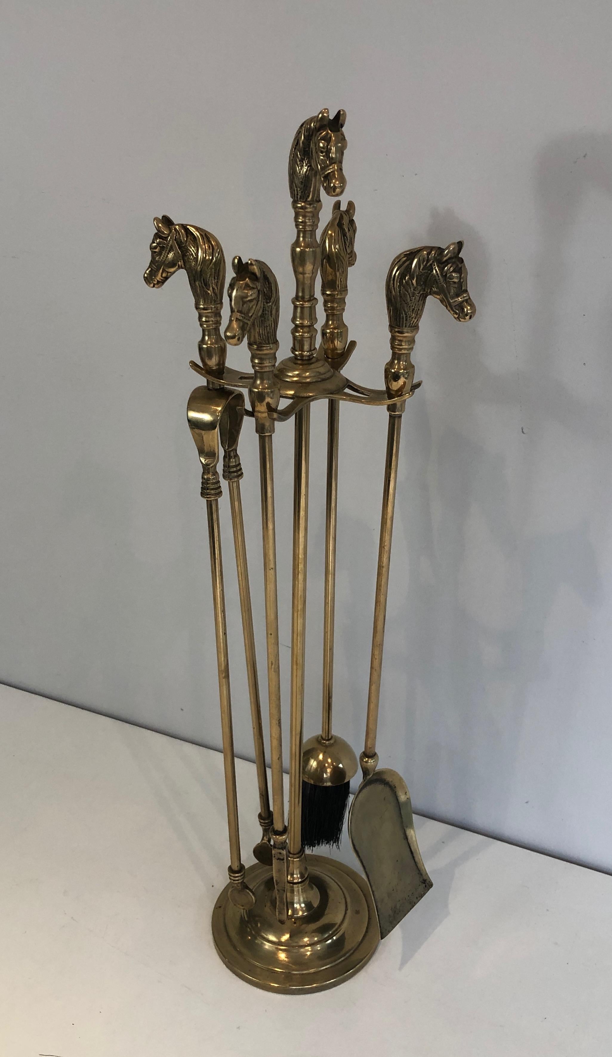 Brass Horse Heads Fireplace Tools on Stand, French, Circa 1970 4
