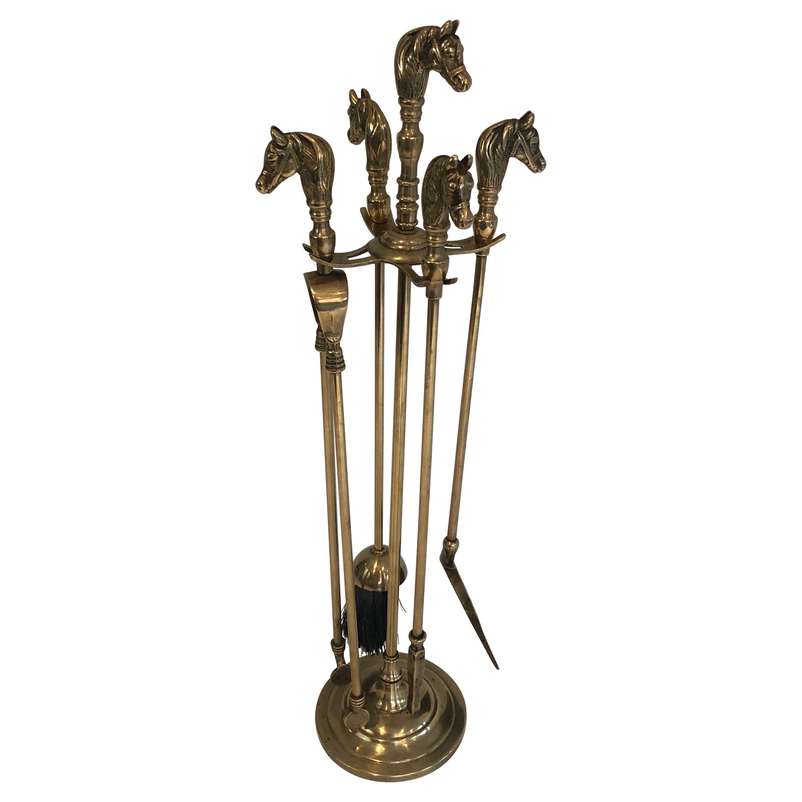 Brass Horse Heads Fireplace Tools on Stand, French, Circa 1970
