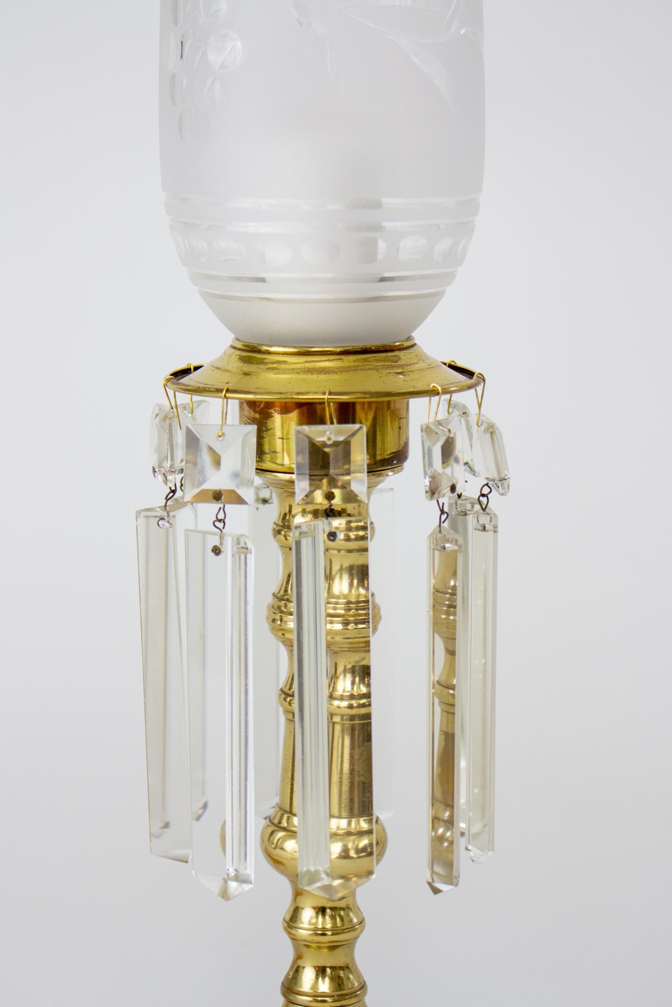 American Colonial Brass Hurricane Lamps with Crystals, a Pair For Sale