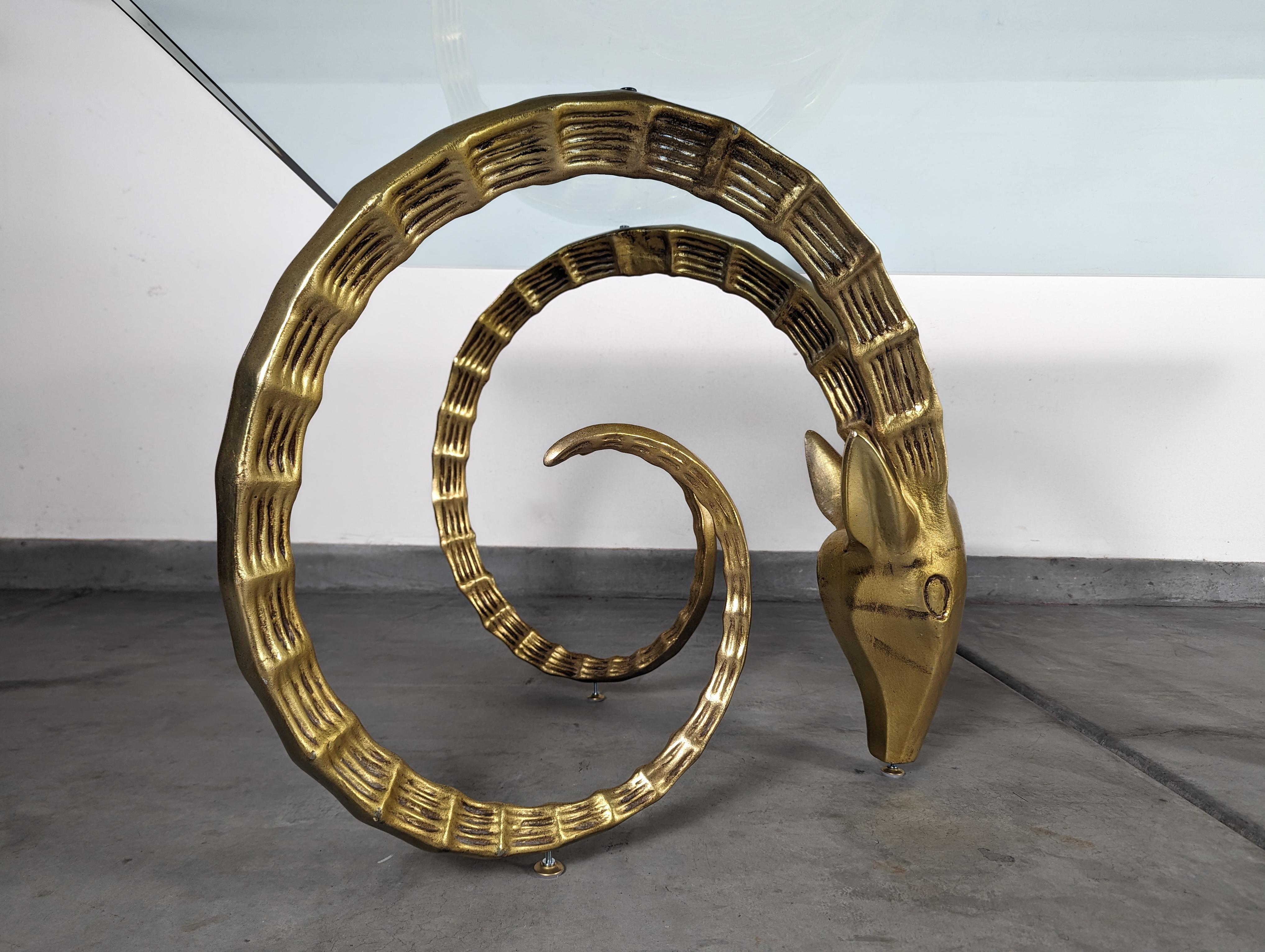 Hollywood Regency Brass Ibex Rams Head Dining Table in the Style of Alain Chervet, c1970s